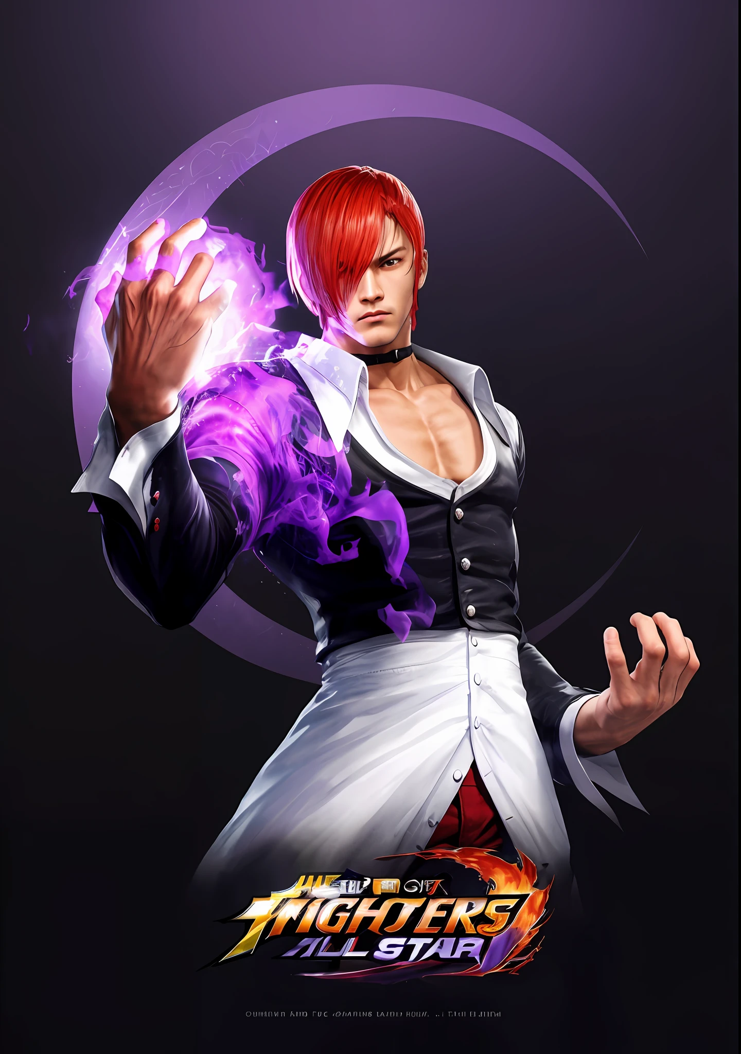 a close up of a person holding a purple ball, king of fighters style, character from king of fighters, fighting game character, as a character in tekken, jin kagetsu, striking detailed artstyle, snk, key art, official character art, daigo ikeno, fighter pose, fan art, sfw version, new character