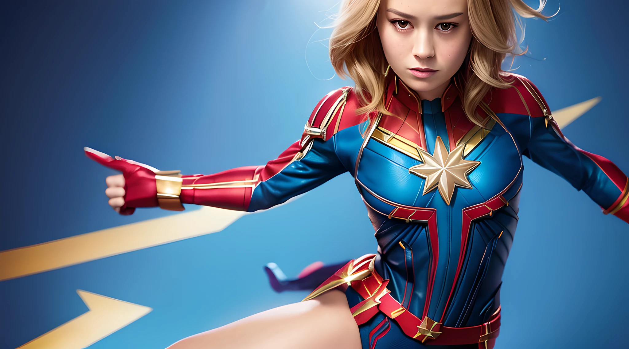 (full body portrait, brie larson, captain marvel outfit, medium hair, sexy and confident, bold expression, slight smile, blue background)