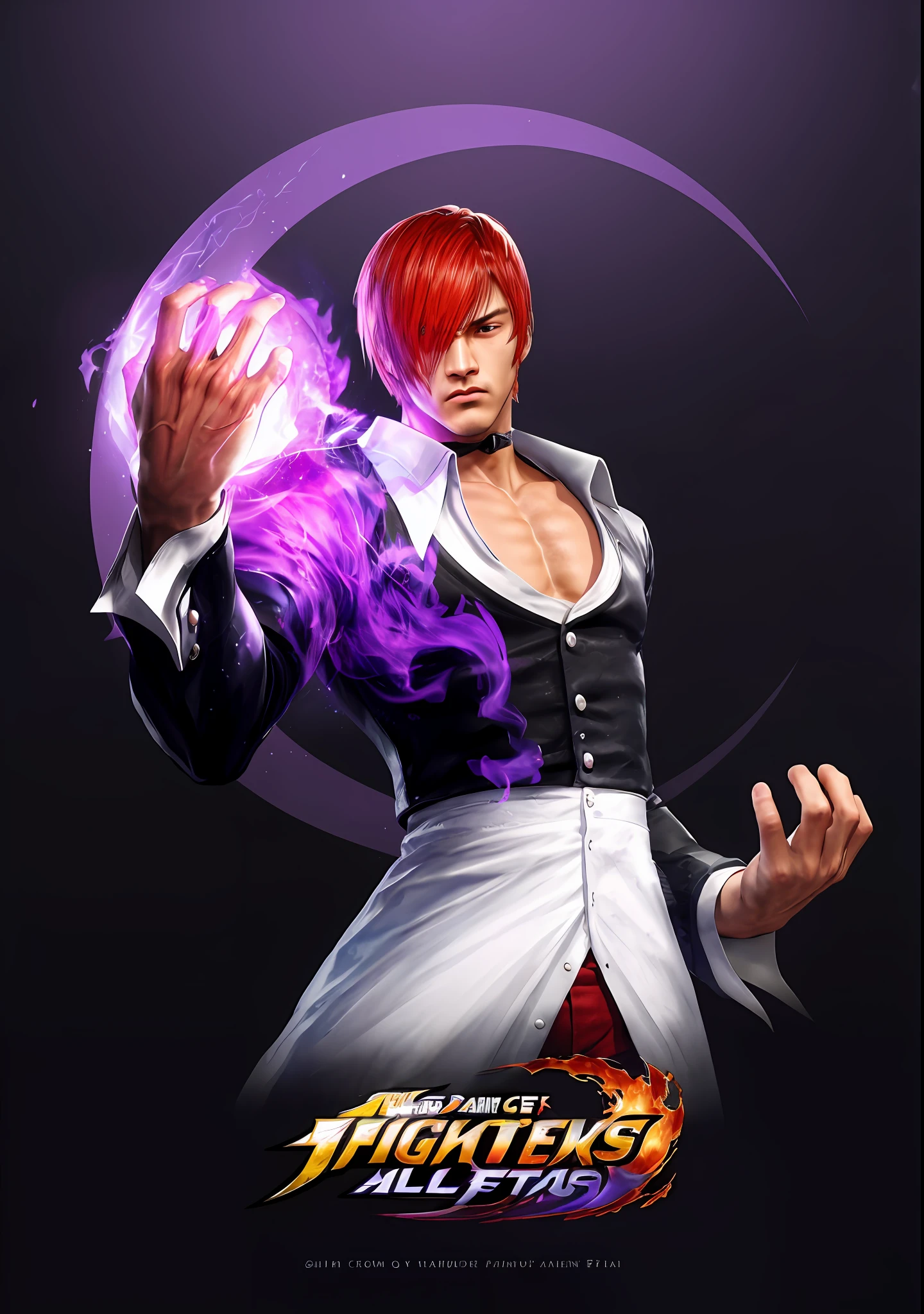 a close up of a person holding a purple ball, king of fighters style, character from king of fighters, fighting game character, as a character in tekken, jin kagetsu, striking detailed artstyle, snk, key art, official character art, daigo ikeno, fighter pose, fan art, sfw version, new character