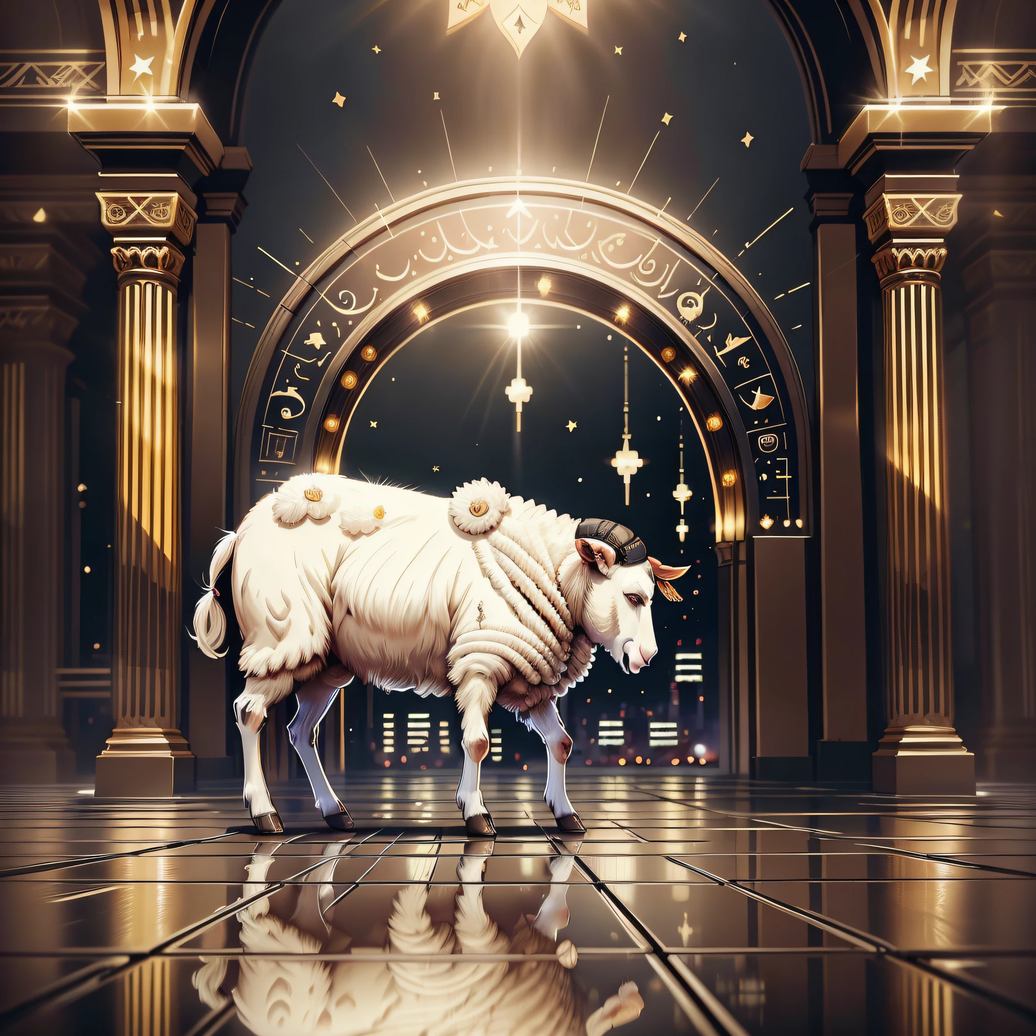 sheep ,happy eid al adha, kaabah, crescent , star, cinematic lighting, reflection light, god rays, UHD, high details, high quality, best quality, highres, 16k, 8k, HD