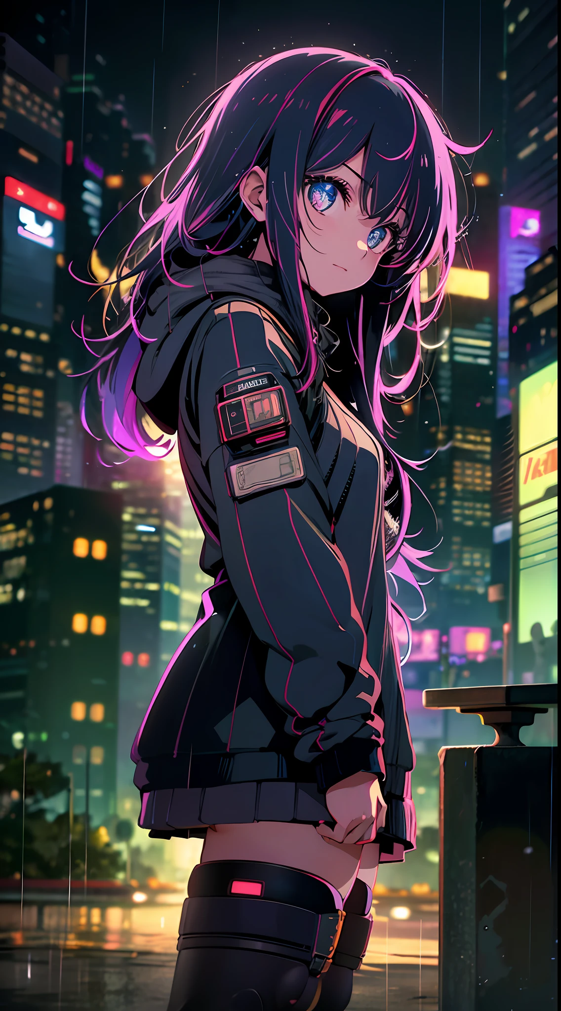 Night, colorful cyberpunk city background, rain, street, teenage girl in comfortable sweater, loli, black stockings, backlight, looking at the audience, low angle lens, looking up lens, perfect composition, perfect light and shadow delicate, 8k