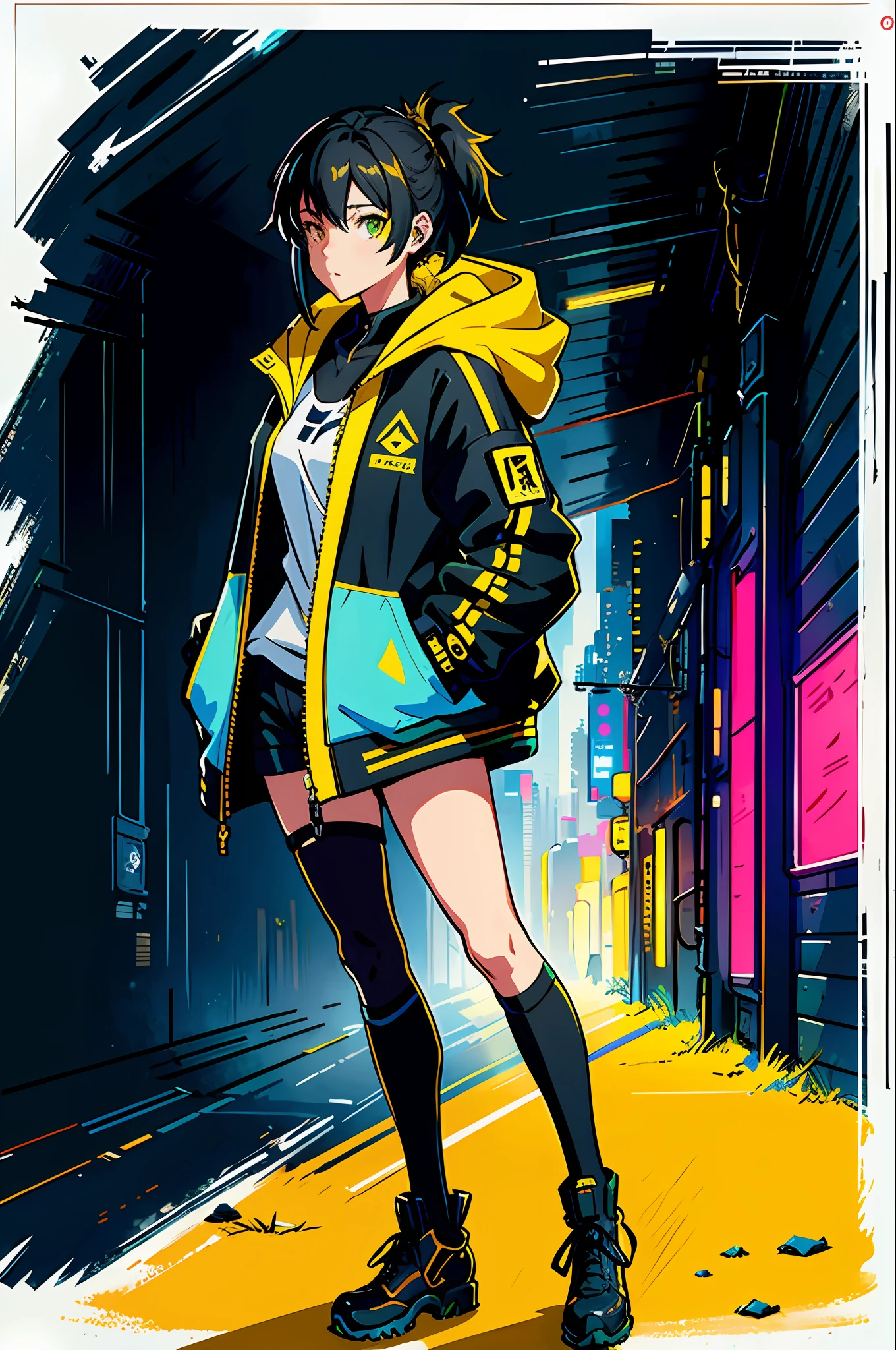 A girl, yellow jacket, black stockings, hands in pockets, staring at another person, messy long hair, cyberpunk, 8k resolution, very detailed, anatomically correct, digital painting, concept art, Makoto Shinkai style, clear picture,