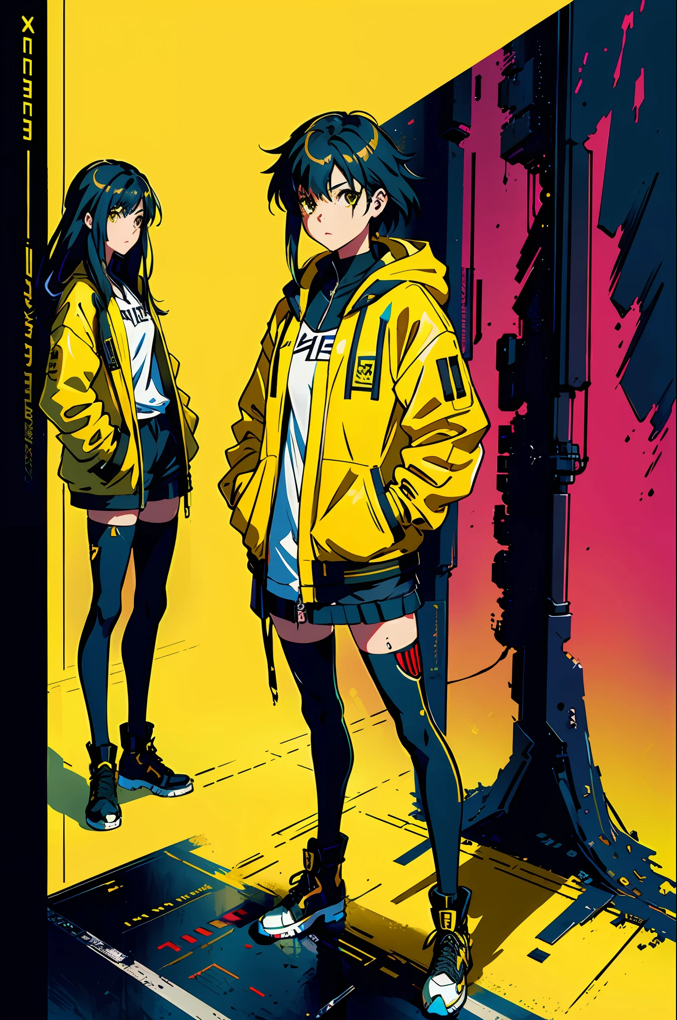 A girl, yellow jacket, black stockings, hands in pockets, staring at another person, messy long hair, cyberpunk, 8k resolution, very detailed, anatomically correct, digital painting, concept art, Makoto Shinkai style, clear picture,