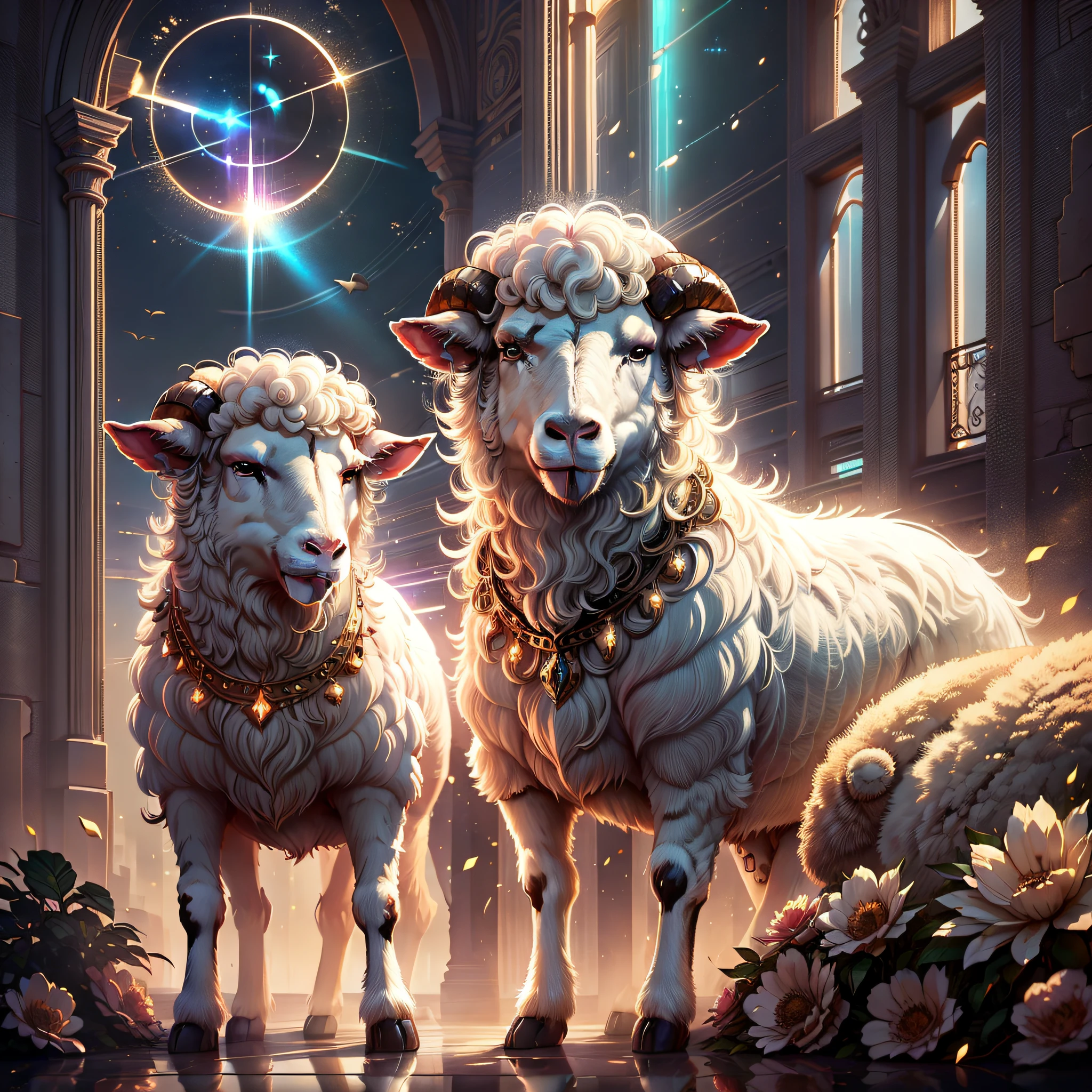sheep ,عيد الاضحى, الكعبة, crecent , star, cinematic lighting, reflection light, god rays, UHD, high details, high quality, best quality, highres, 16k, 8k, HD