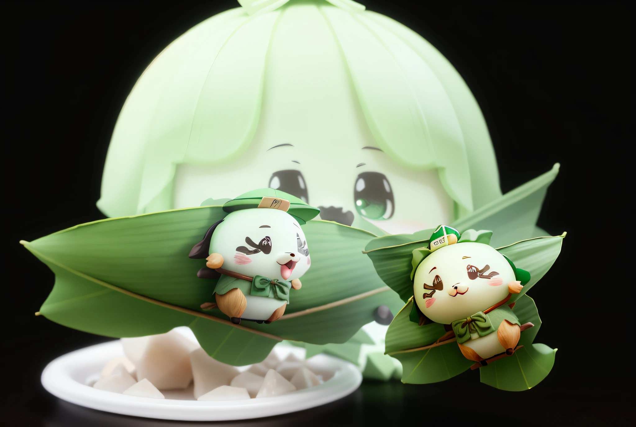 (A zongzi wearing a green tricorn hat), ((zongzi)), moe, green zongzi leaves, rice, meat dumplings, reunion, cute 3D rendering, detailed digital art, cartoon characters, digital painting, cute! c4d, popular japanese 3D, (white background), super detailed, thanks to Chiding, 3d model of Japanese mascot, Nendoroid 3D, cute forest creature, the illustration is HD illustration in 4K resolution with very detailed facial features and cartoon-style visuals.