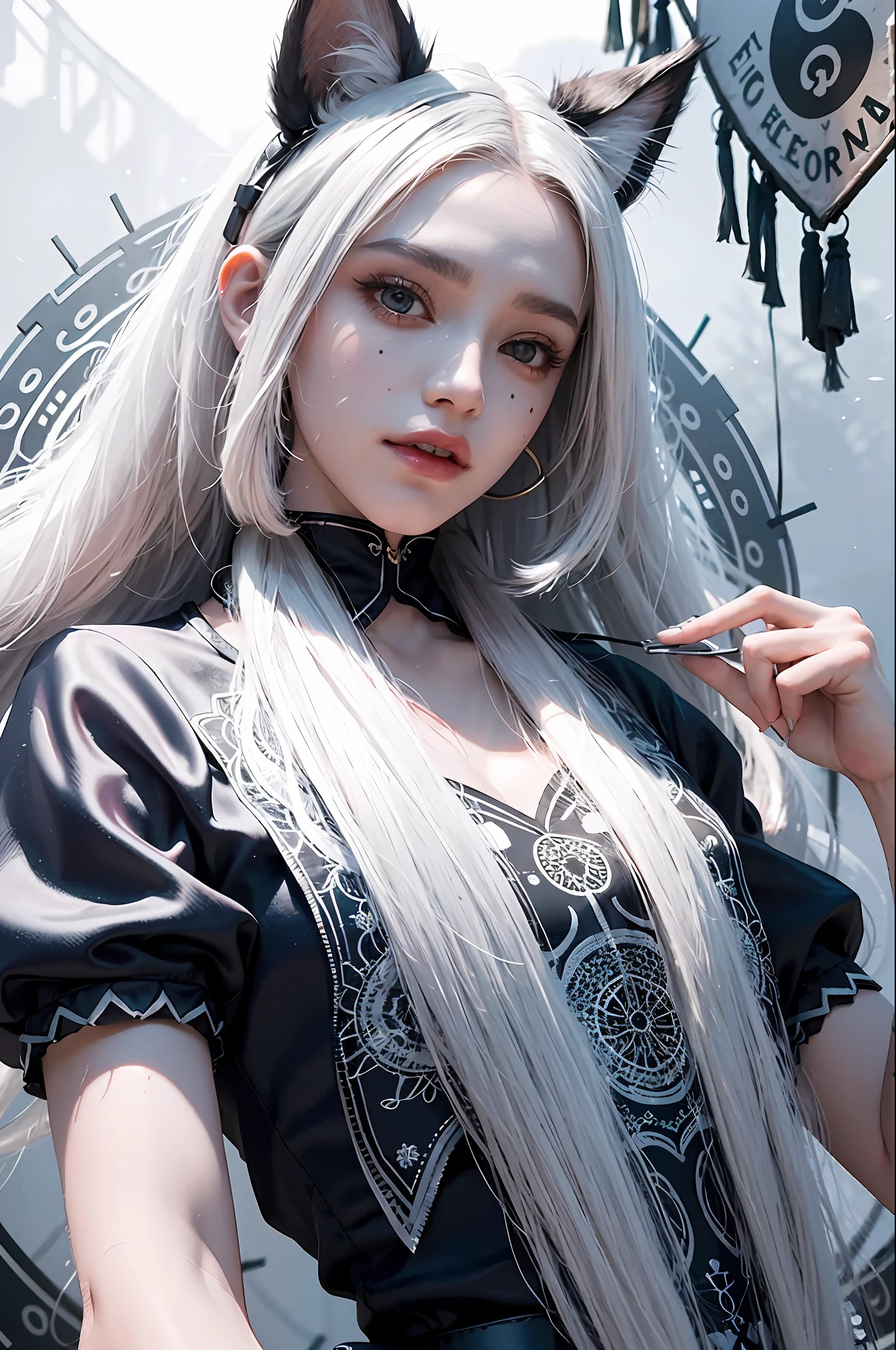 1girl, solo, serious face, long white hair, cat ears, uniform 8k wallpaper, ultra-detailed, beautiful and aesthetic, masterpiece, best quality, realistic, (zentangle, mandala, tangles, entanglement), (fractal art), (ecstatic silk:1.5), web, chain, very detailed, dynamic angle, epic composition, most beautiful chaotic form, elegant, fauvist design, bright colors, romanticism, gray fog, Grin (civet) has sharp teeth and an ultra-thin body