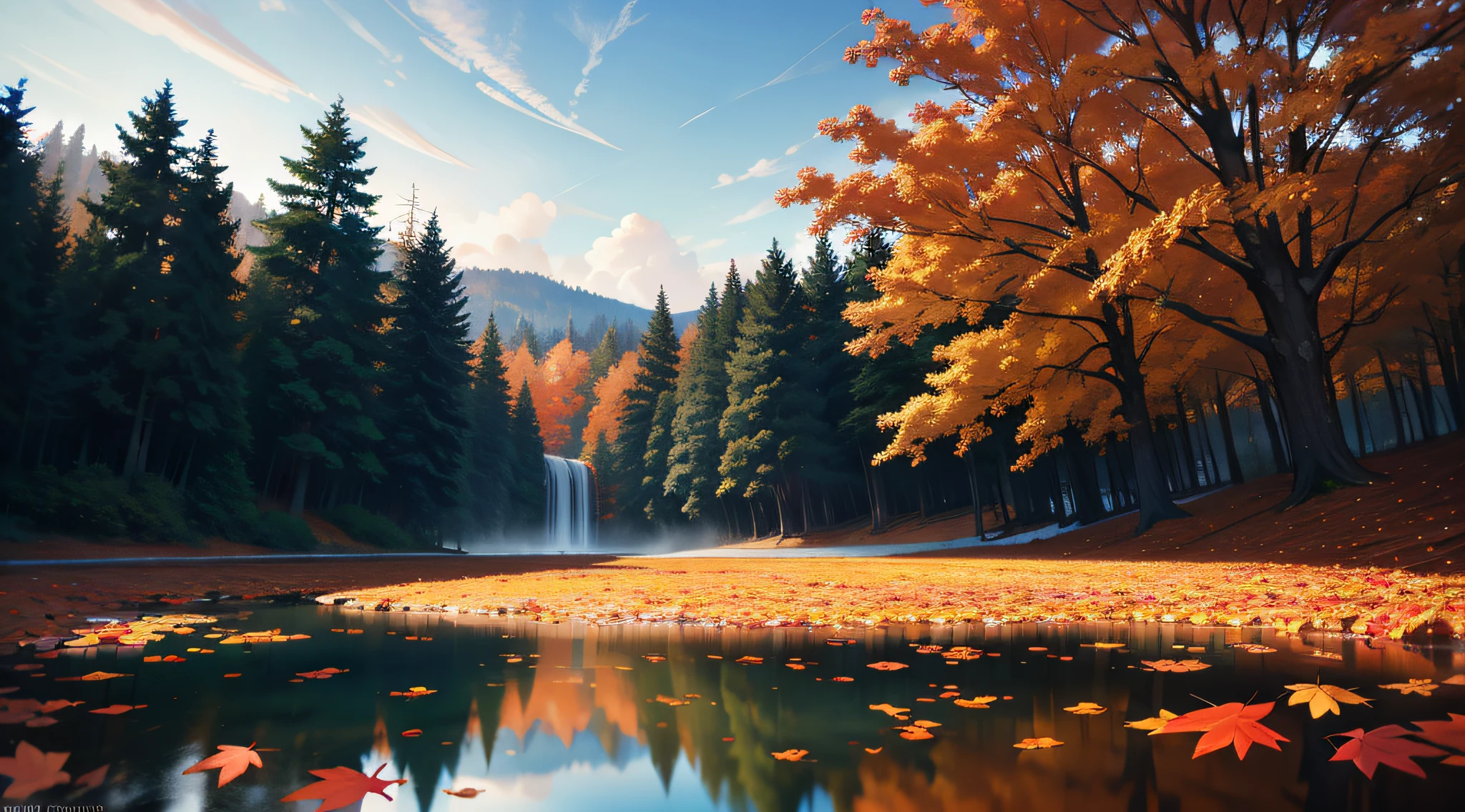 Wallpaper, standing autumn, maple leaves, trees, sky, white clouds, HD detail, wet watermark, hyperdetail, film, surrealism, soft light, deep field focus bokeh, ray tracing, diffusion (ultra-fine glass reflection) and surrealism. --v6