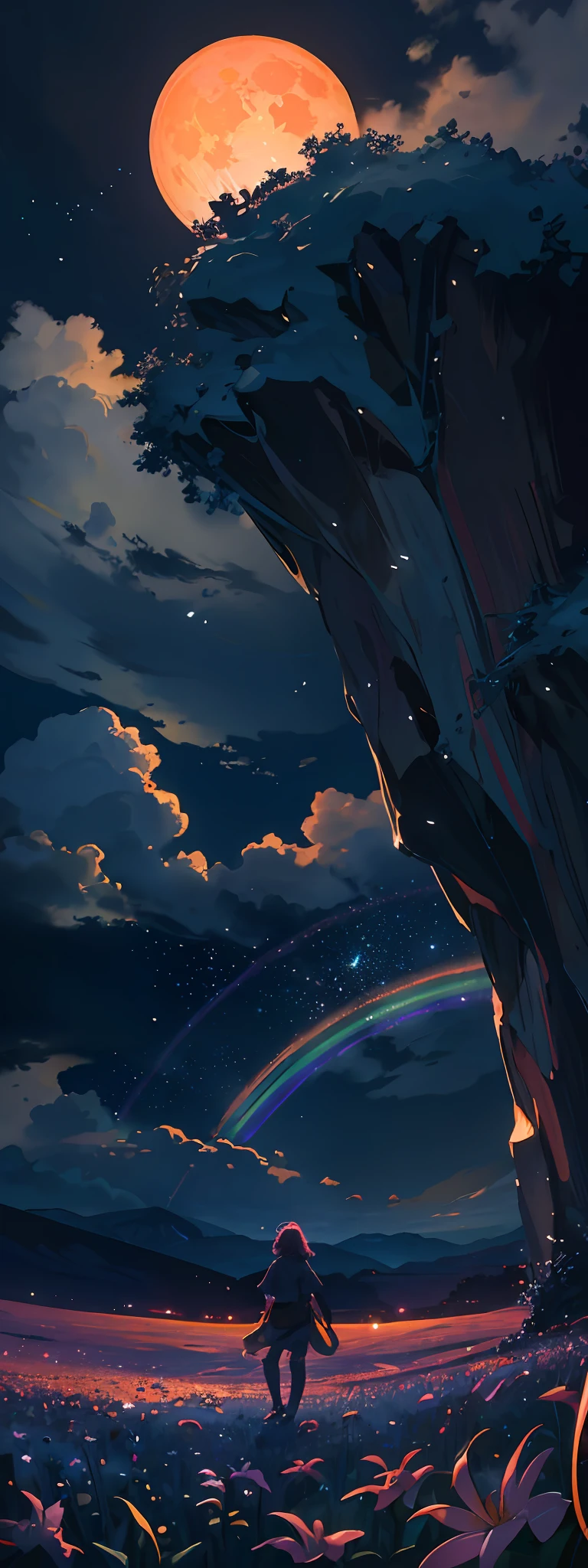 Vast landscape photo, (viewed from below, the sky is above and the open field is below), a girl standing on a flower field looking up, (full moon: 1.2), (meteor: 0.9), (nebula: 1.3), distant mountains , Trees BREAK Crafting Art, (Warm Light: 1.2), (Fireflies: 1.2), Lights, Lots of Purple and Orange, Intricate Details, Volumetric Lighting, Realism BREAK (Masterpiece: 1.2), (Best Quality), 4k, Ultra-Detailed, (Dynamic Composition: 1.4), Very Detailed, Colorful Details, (Rainbow Colors: 1.2), (Glow Lighting, Atmospheric Lighting), Dreamy, Magical, (Solo: 1.2)