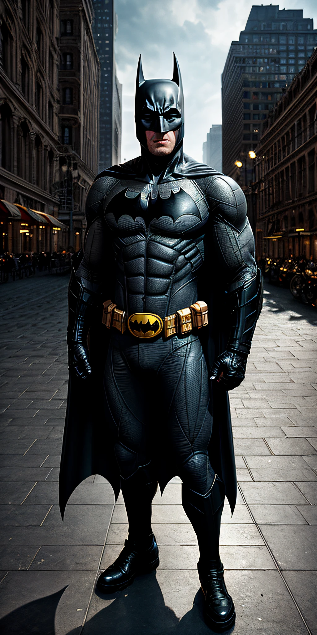 Batman ((proud expression)), masterpiece, best quality, ultra-detailed, floor, city background, shadows, contrast, clear sky, style (look at viewer: 1.2) (skin texture) (film grain: 1.3), ultra-high resolution, octane rendering, 16k