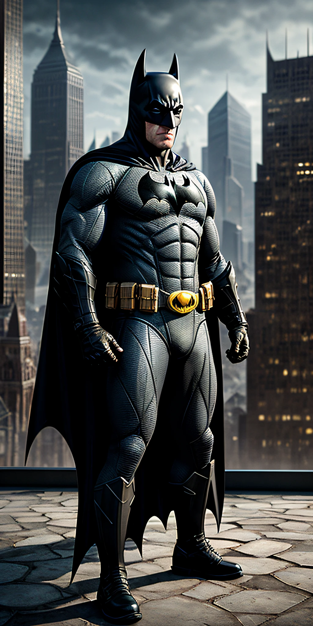 Batman ((proud expression)), masterpiece, best quality, ultra-detailed, floor, city background, shadows, contrast, clear sky, style (look at viewer: 1.2) (skin texture) (film grain: 1.3), ultra-high resolution, octane rendering, 16k