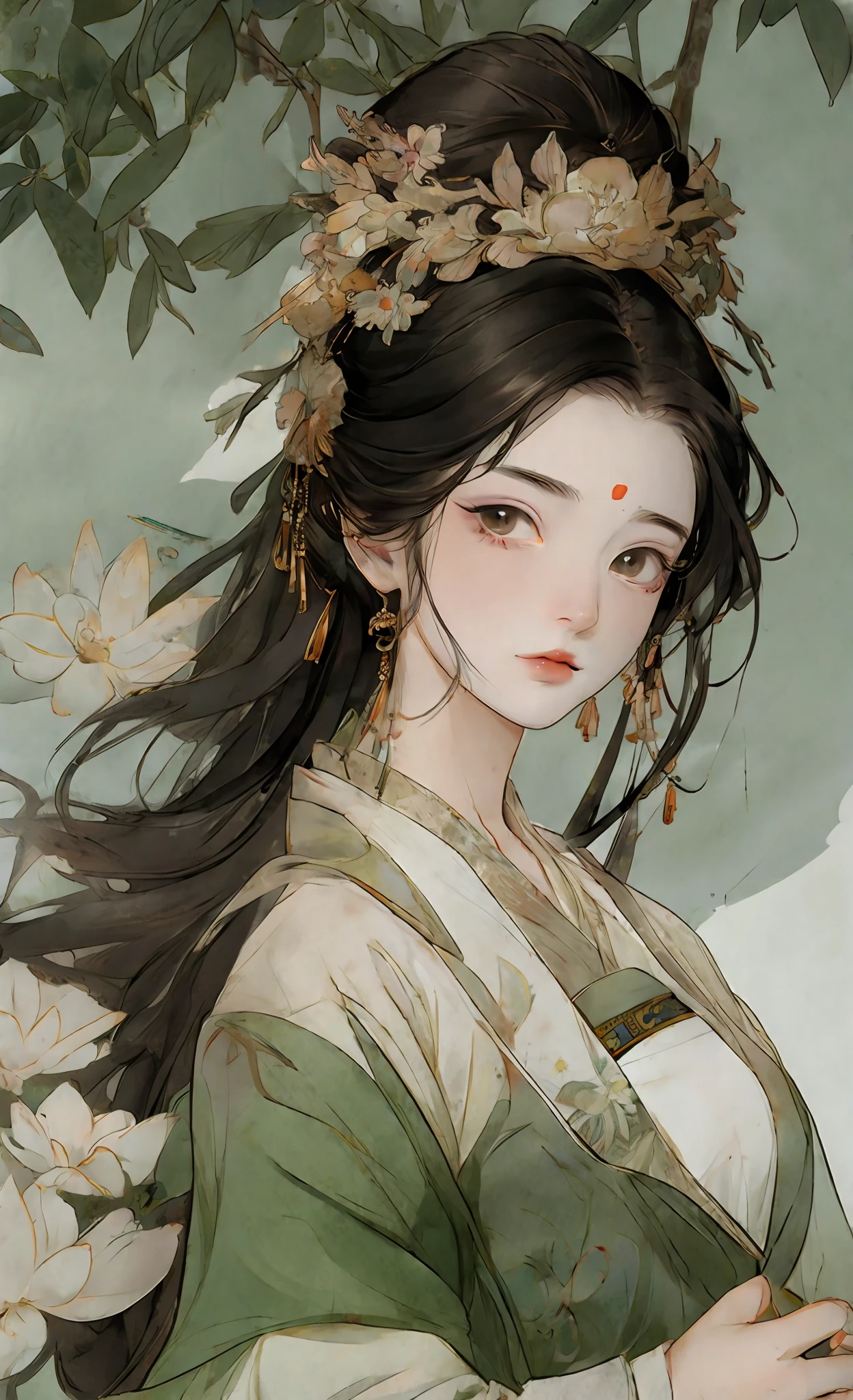 The office girl Han Chun, skin like snow, quiet as Xizi, huge breasts, ancient Chinese green shirt skirt, her body is curvy, can highlight her perfect figure. Her eyes are bright and spirited, like two brilliant stars, emitting a charming light, which makes people fall amazed by the exquisite composition and composition that is enough to become a masterpiece. This painting is undoubtedly super detailed, ultra-high-definition, high-quality gongbi art that can become an 8K wallpaper. Extremely detailed details that make the whole painting so real and so moving, Goowitz style artwork, Guviz style, Guviz on ArtStation, beautiful character painting, Guwiz on ArtStation Pixiv, Güvez on Pixiv Art Station, stunning anime face portraits, beautiful digital artwork, WLOP Rossdraws, detailed digital anime art