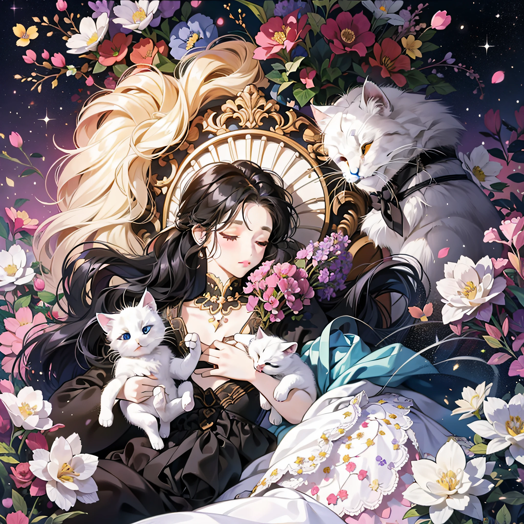 A and a fluffy white kitten, flowers, sleeping, long black hair, night, starry sky