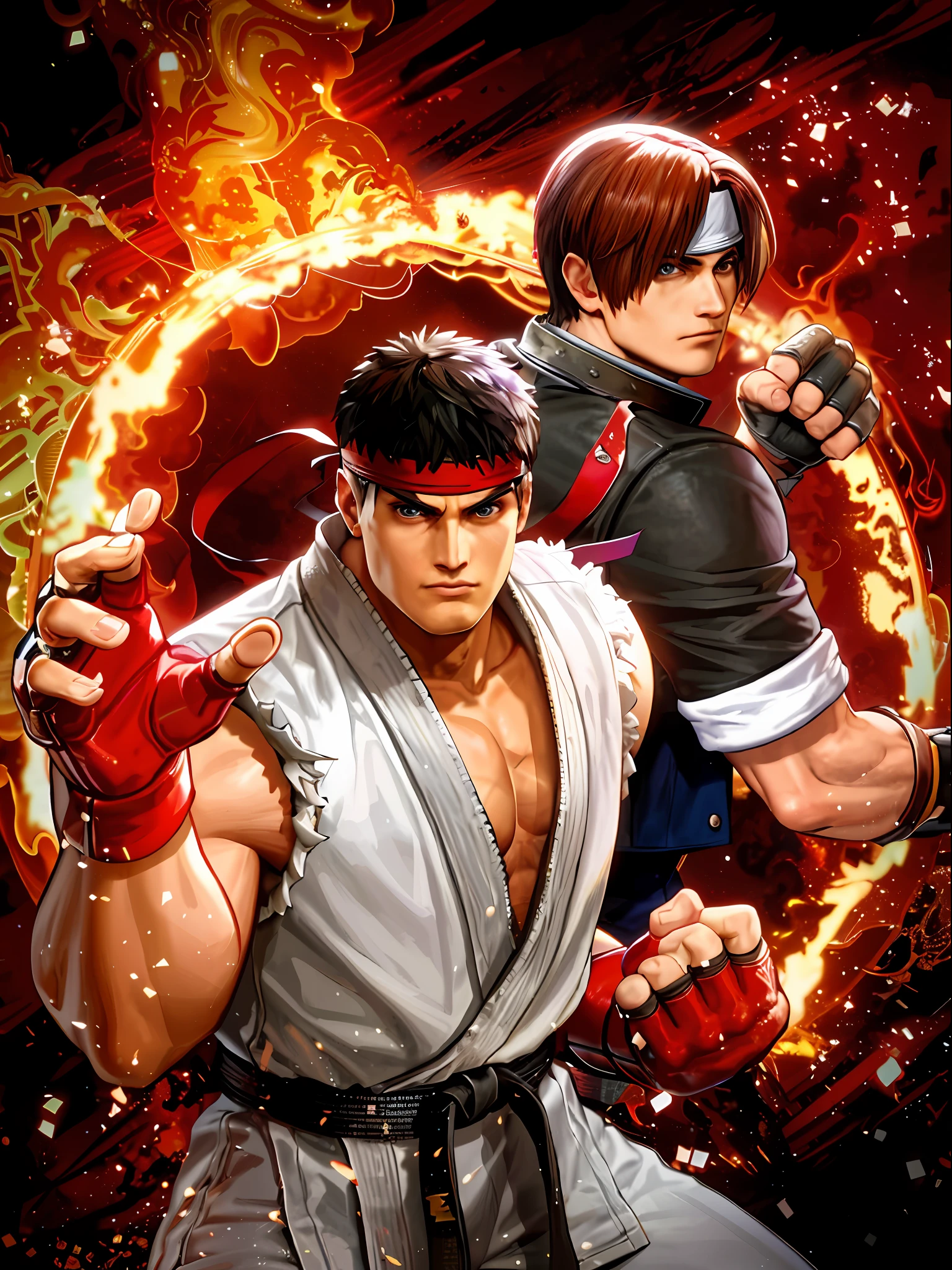 a close up of two anime characters with fire in the background, fighting game, king of fighters style, street fighter, snk, fighting game character, fighters, character from king of fighters, official artwork, hadouken, key art, capcom official media, official art, tekken, fighting stance, shinkiro, textless, tekken 7, fighting pose
