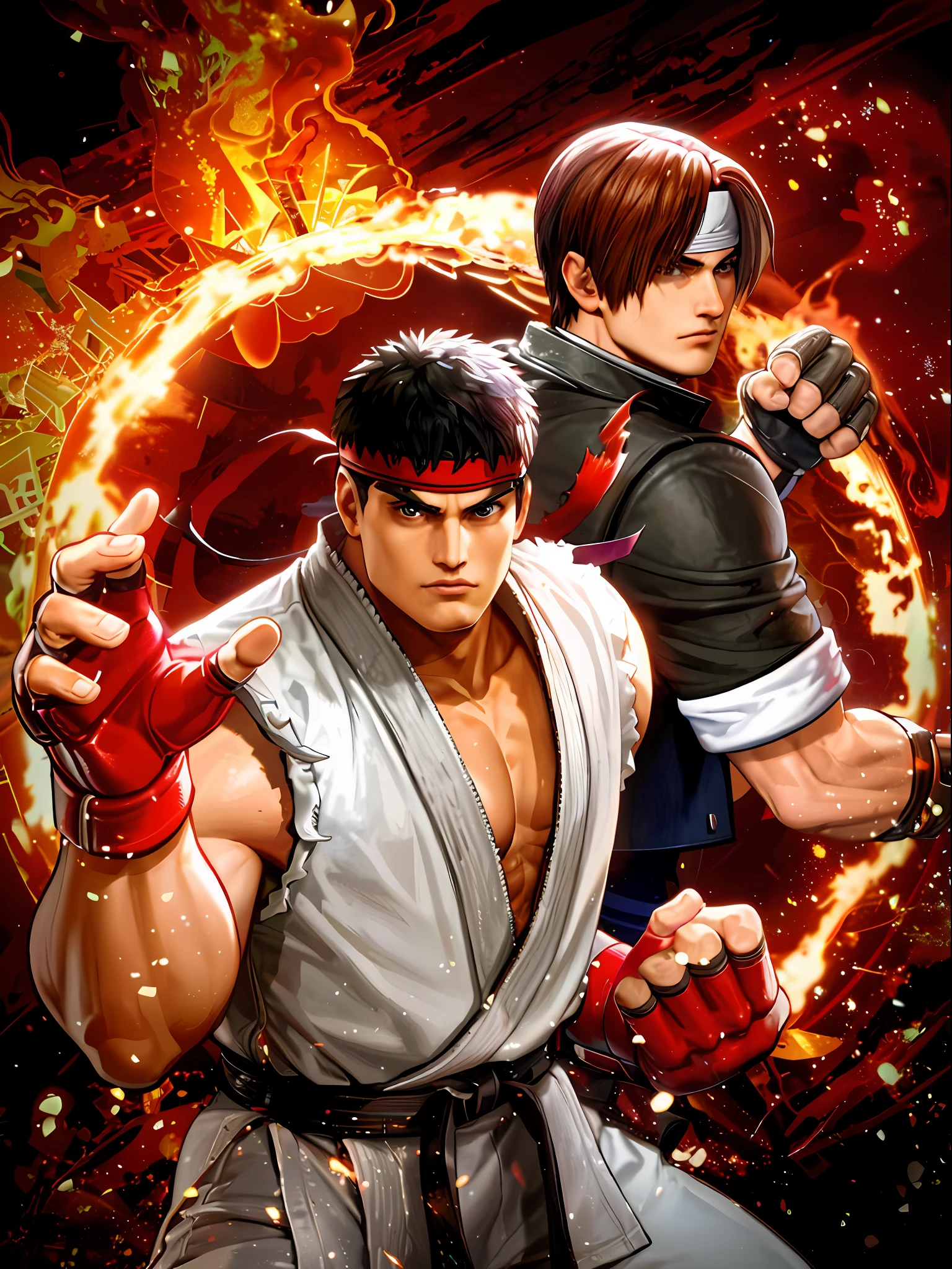 a close up of two anime characters with fire in the background, fighting game, king of fighters style, street fighter, snk, fighting game character, fighters, character from king of fighters, official artwork, hadouken, key art, capcom official media, official art, tekken, fighting stance, shinkiro, textless, tekken 7, fighting pose