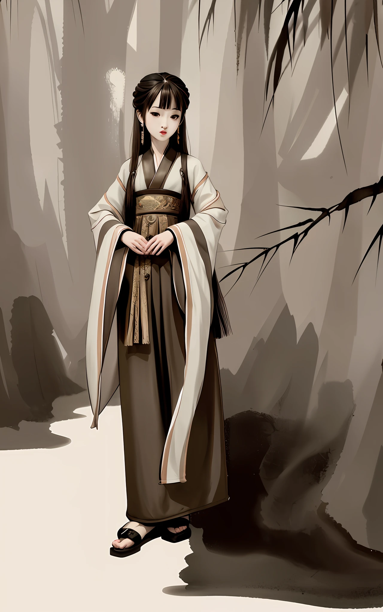 Shook Walking Horse, Negative Space,, Ink Painted Bethim, Standing Female Portrait, Willow Branch, (masterpiece, best quality: 1.2), Chinese painting, model style, peace, (smile), looking at the audience, wearing Changhan clothing, Hanfu, song, background, Willow trees, Wu Chang said,