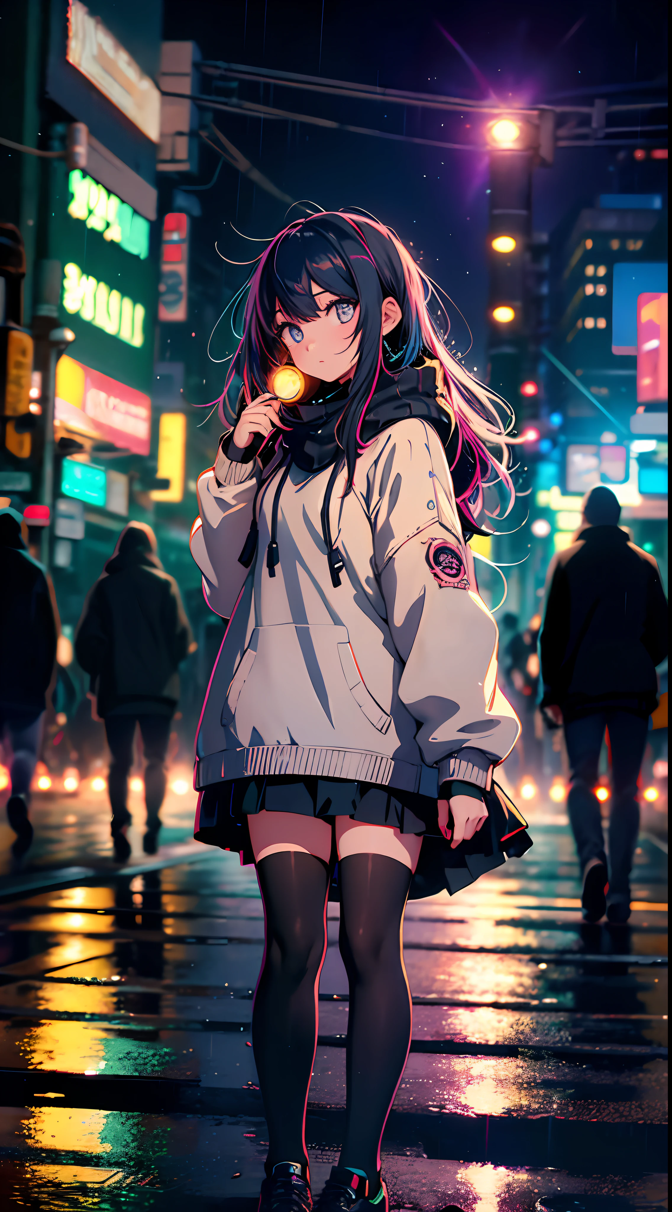 Night, colorful cyberpunk city background, rain, street, age girl in comfortable sweater, loliack stockings, backlight, looking at the audience, low angle lens, looking up lens, perfect composition, perfect light and shadow delicate, 8k