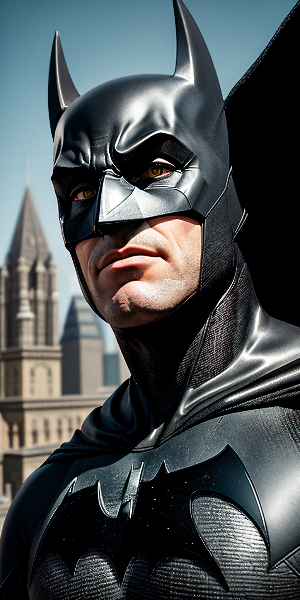 batman (( proud expression)), masterpiece, best quality, ultra-detailed, ground, city background, shadows, contrast, clear sky, analog style (look at viewer:1.2) (skin texture) (film grain:1.3), ultra-high resolution, octane render, 16k