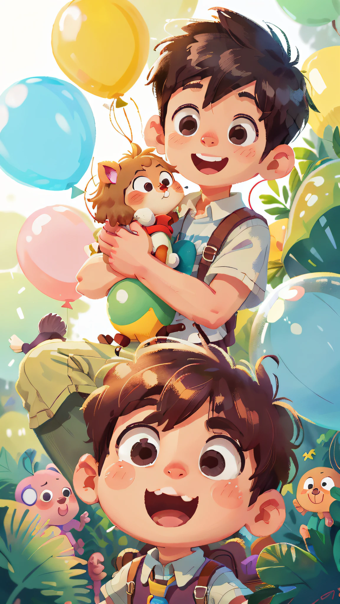 A boy, zoo, many balloons, happy, happy, perfect quality, clear focus (clutter - home: 0.8), (masterpiece: 1.2) (realistic: 1.2) (bokeh) (best quality) (detailed skin: 1.3) (intricate details) (8K) (detail eyes) (sharp focus), (happy)