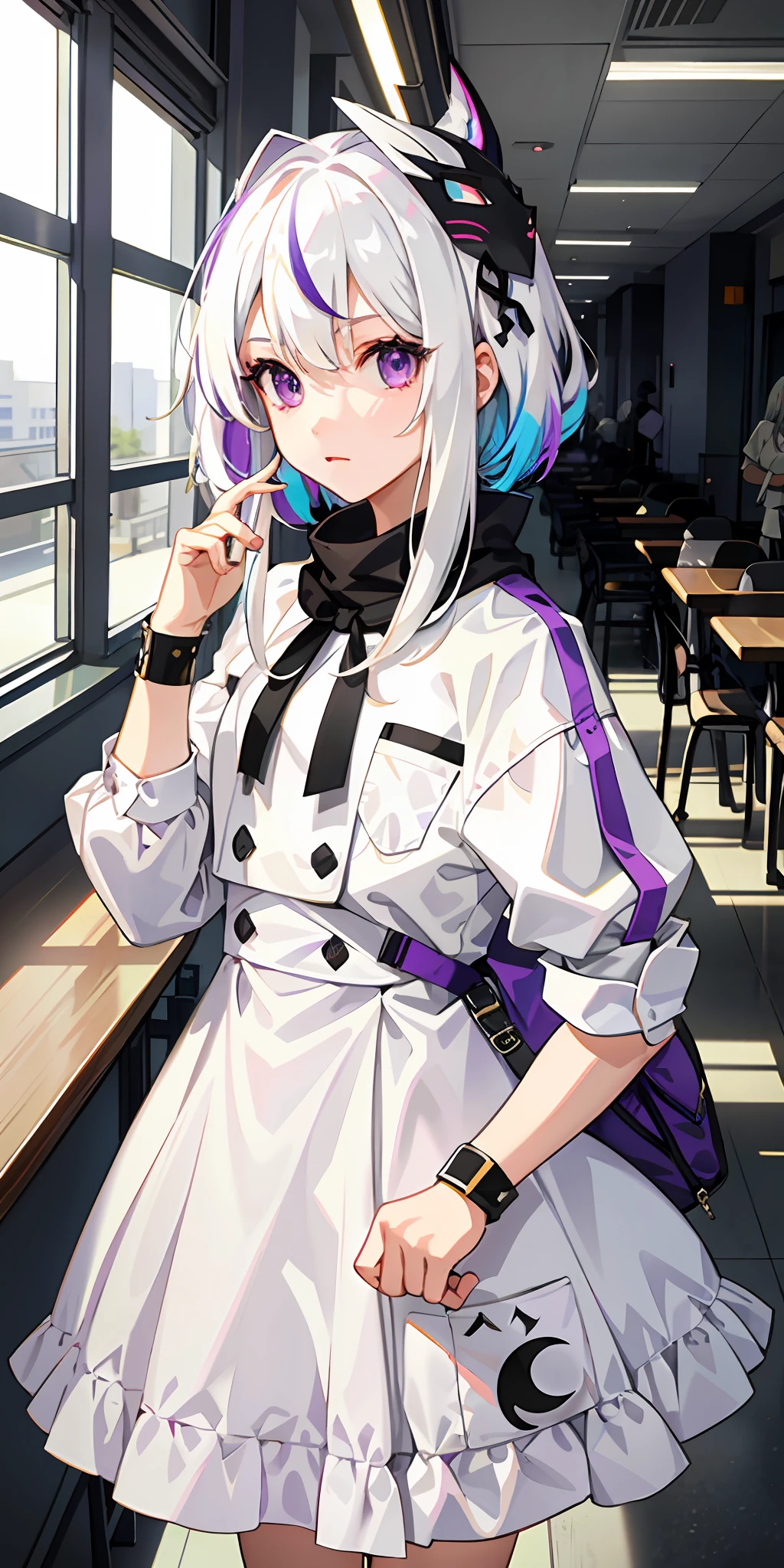 1girl, white hair, multicolored hair, purple eyes, mask on head, side light, light particles, in the cafeteria