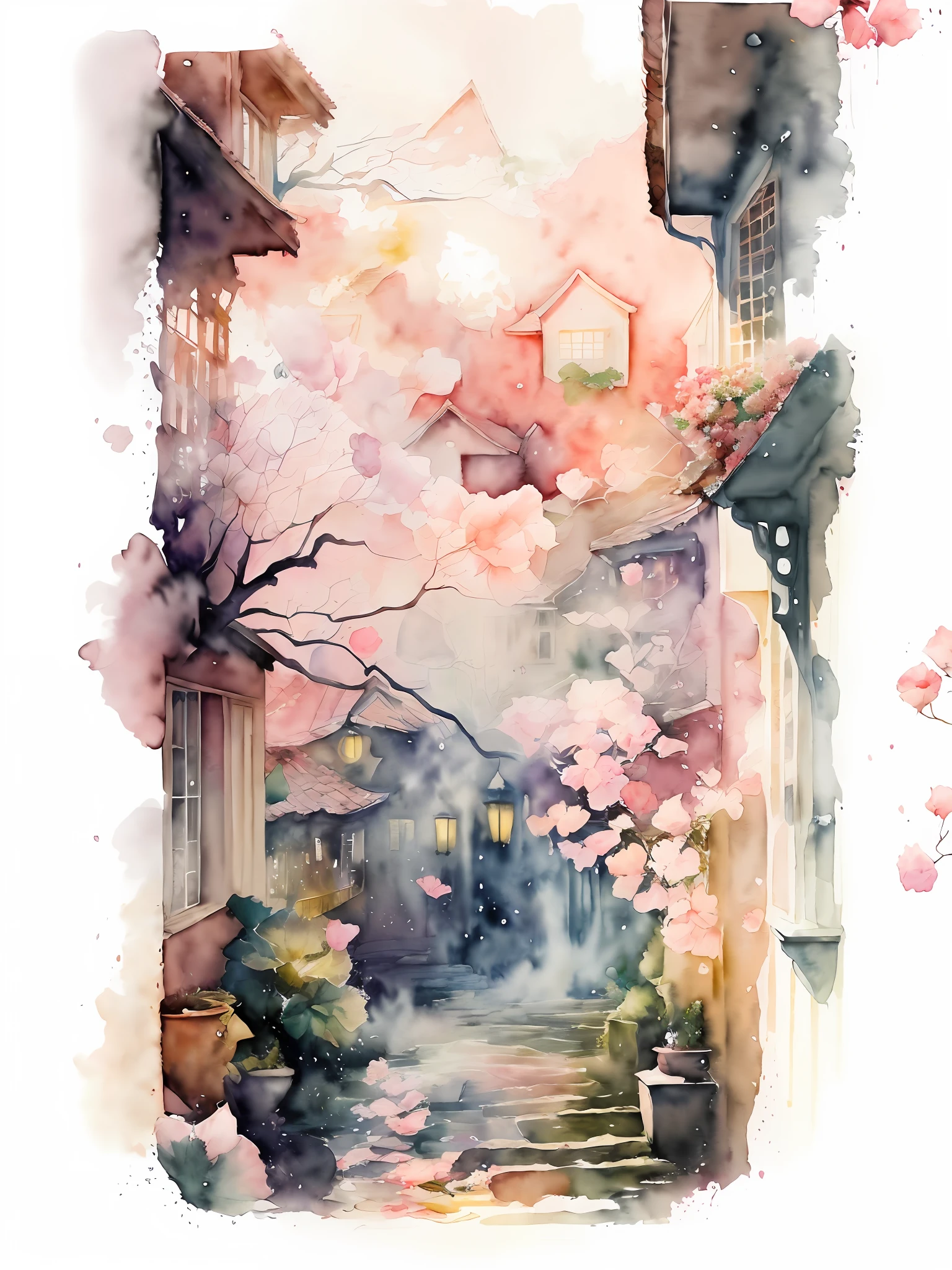 (watercolor style, spectral art) + vista (a begonia tree in the background, wind and rain and falling flowers everywhere, begonia flowers falling, flowers raining everywhere, beautiful depiction, beautiful composition) (rich gorgeous colors in the distance) + (smudge splashing) + (clear light and shadow swaying dynamics), from above, wide-angle lens --auto --s2