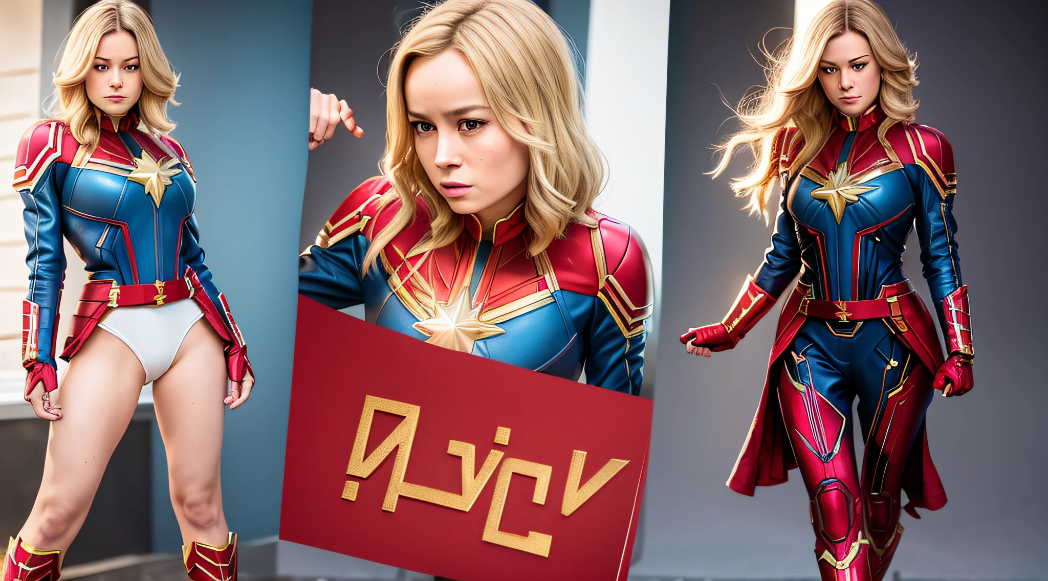 "Brie Larson", "Captain Marvel outfit", "medium hair", "full body portrait", "sexy", "cleavage")