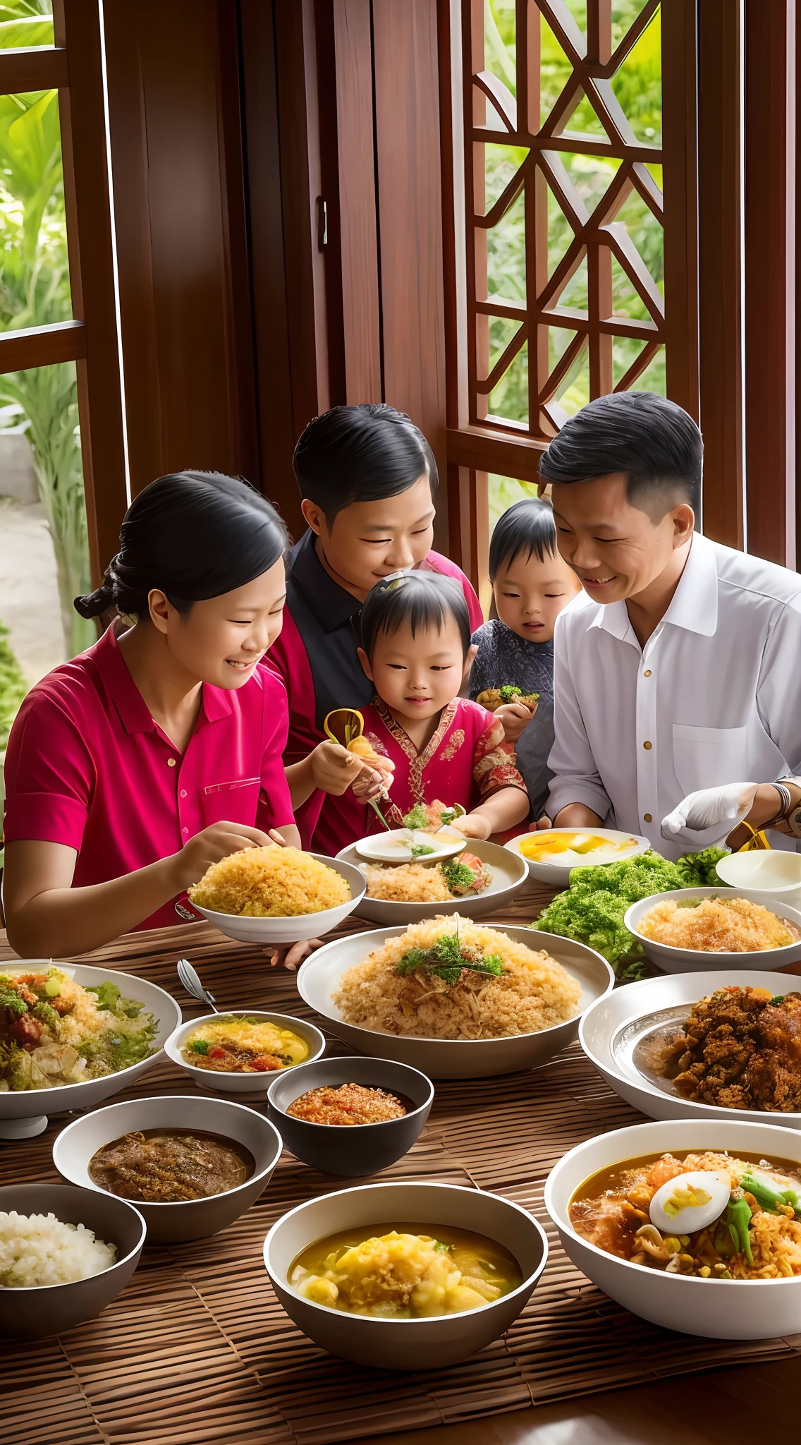 there are many bowls of food on the table with people around it, people inside eating meals, family dinner, an indonesian family portrait, barong family, trending ,, family, offering a plate of food, barong family member, healthy, people are eating, yummy, family photo, rice, chinese, happy family, malaysian, cuisine, stock image, portrait shot,8k