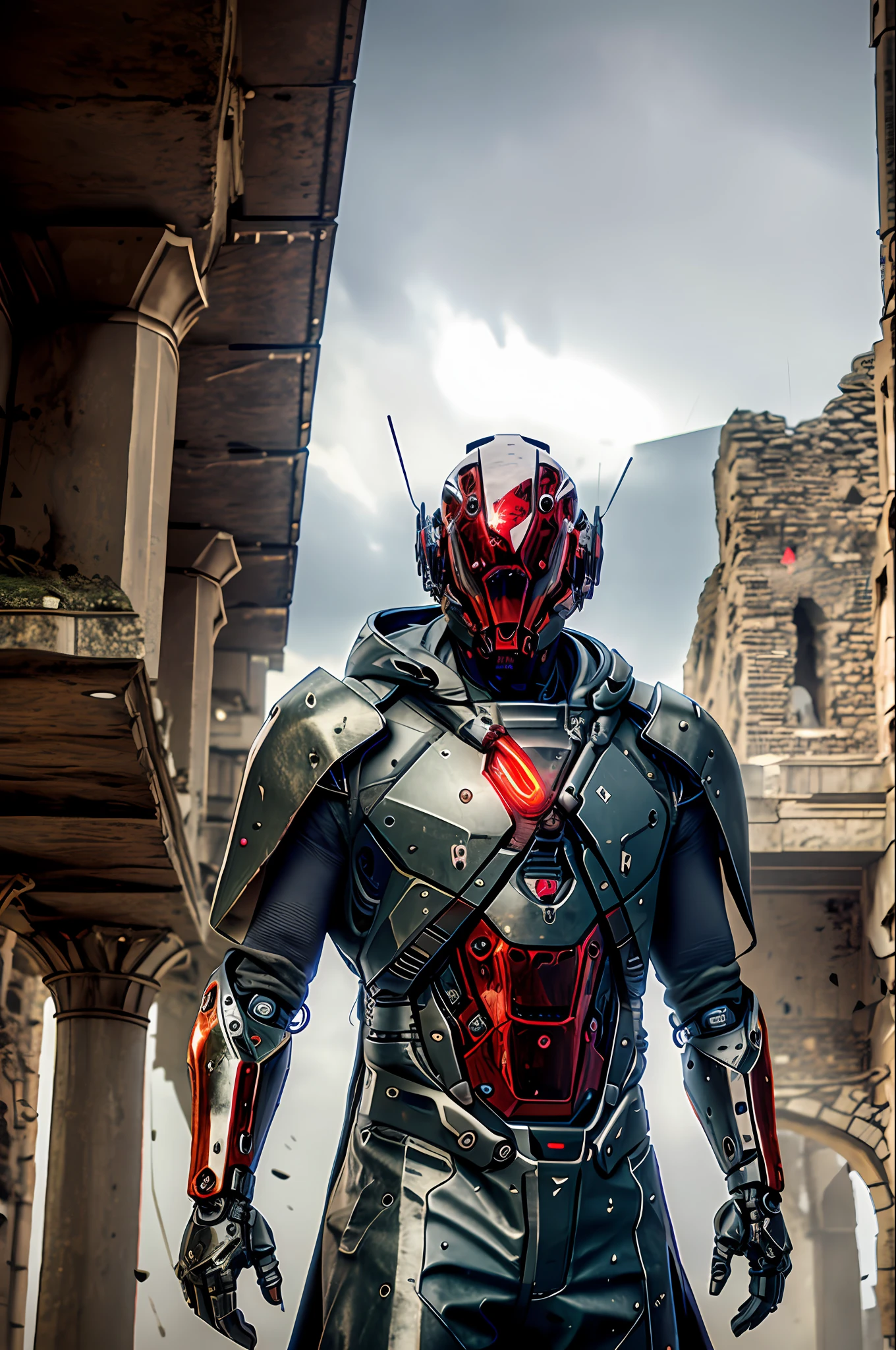 (rainy day:1.3), dark theme, dark clouds, thunder and lightning, realistic, complex 3d render ultra detailed, best quality, masterpiece, ultra high res, cowboy shot, (photorealistic:1.4), raw photo, official art, Complex background, absurdres, vague, Atmospheric, dynamic angle, ((Armed with both hands)), red glowing, cyberhelmet, giant mecha, robot, armor, mechanical arms, science fiction, no humans, (Wearing a tattered cloak), standing on the ruins of the old square after the radiation war, there are damaged buildings everywhere, smoke of gunpowder, war,