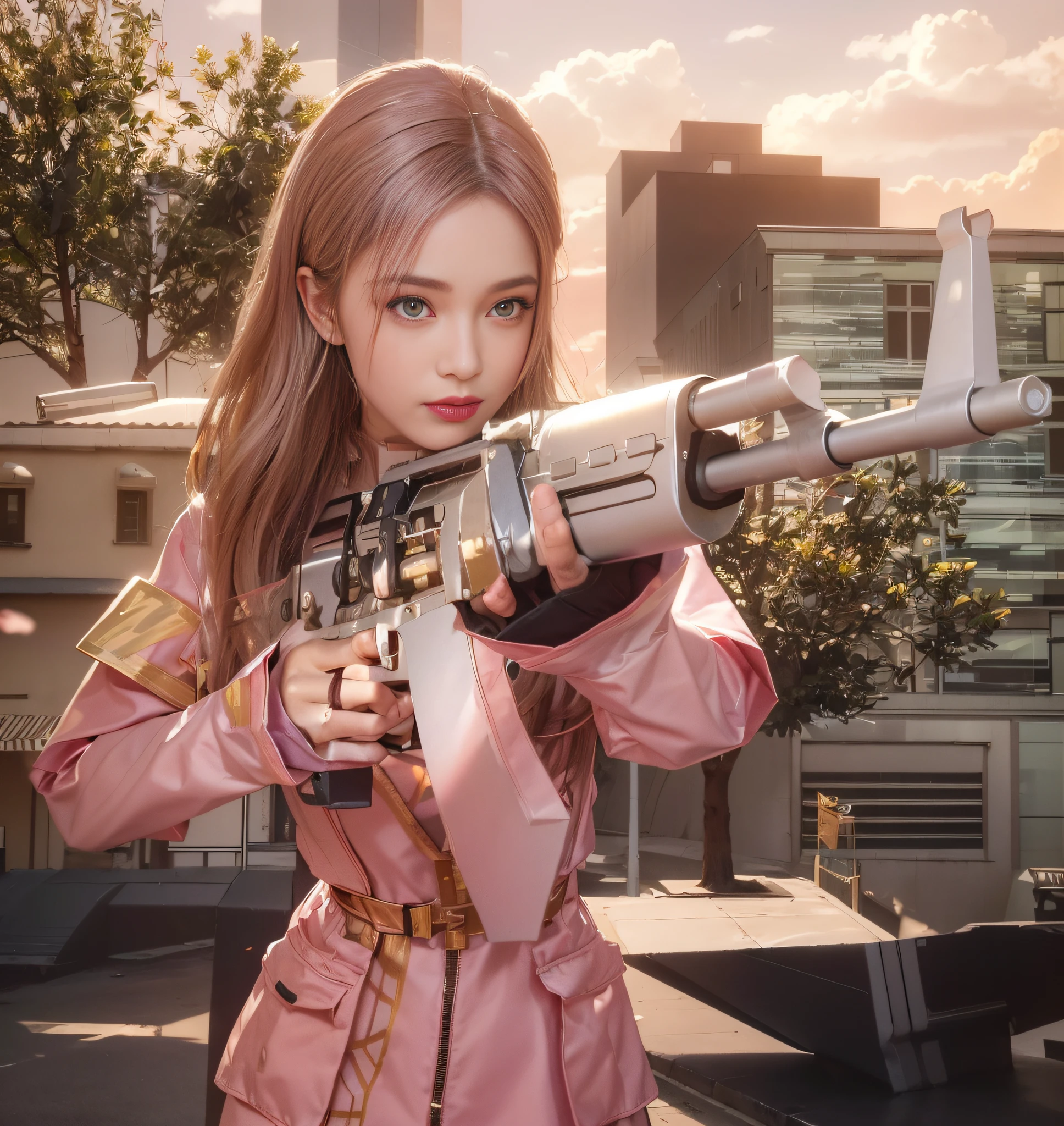 1girl, a girl in pink gel coat, holding pink AK47, is firing, fire light illuminates the face, midday lighting, delicate makeup, beautiful face, delicate skin, upper body, close-up, 8k, RAW photo, best image quality, masterpiece, realism, realism, split bangs, long hair, beautiful, girl, elegant, charming, radiant, smile, long hair, graceful, eyes, rosy cheeks, delicate, fashionable, dress, confident, attractive, makeup, slender, posture, vibrant, glowing, youthful, stylish, lovely, serene