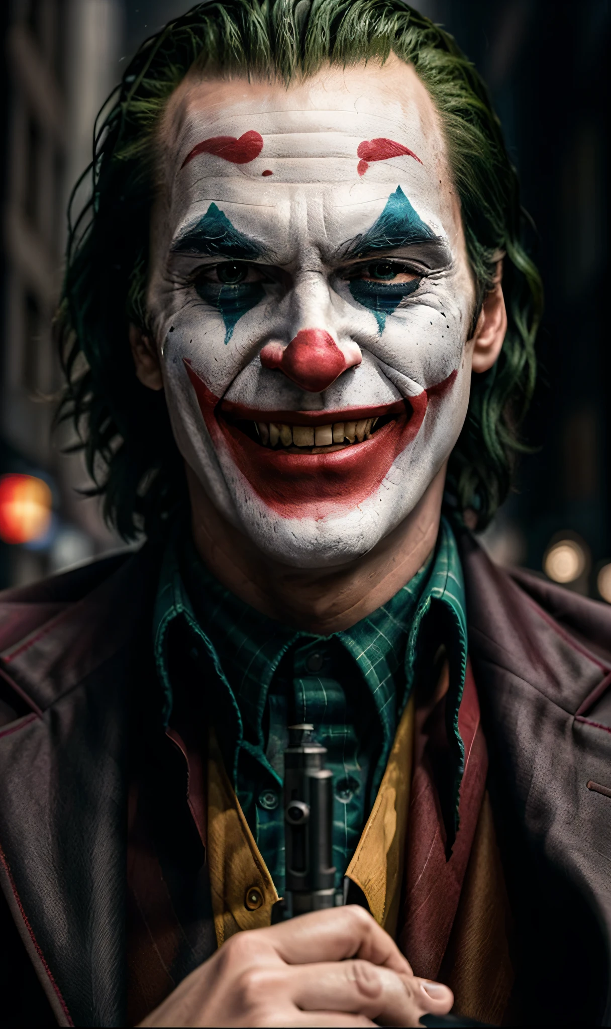 Joker (pointing a gun at his own head) crazy laughing, high detail, sharp focus, photorealistic, moody, smokey, hyperdetailed, 8k, frostbite 3 engine, cryengine, dof, trending on artstation, digital art,( front facing:1.1), city in the background, psycho, psychopath, upper body shot, super detailed hair