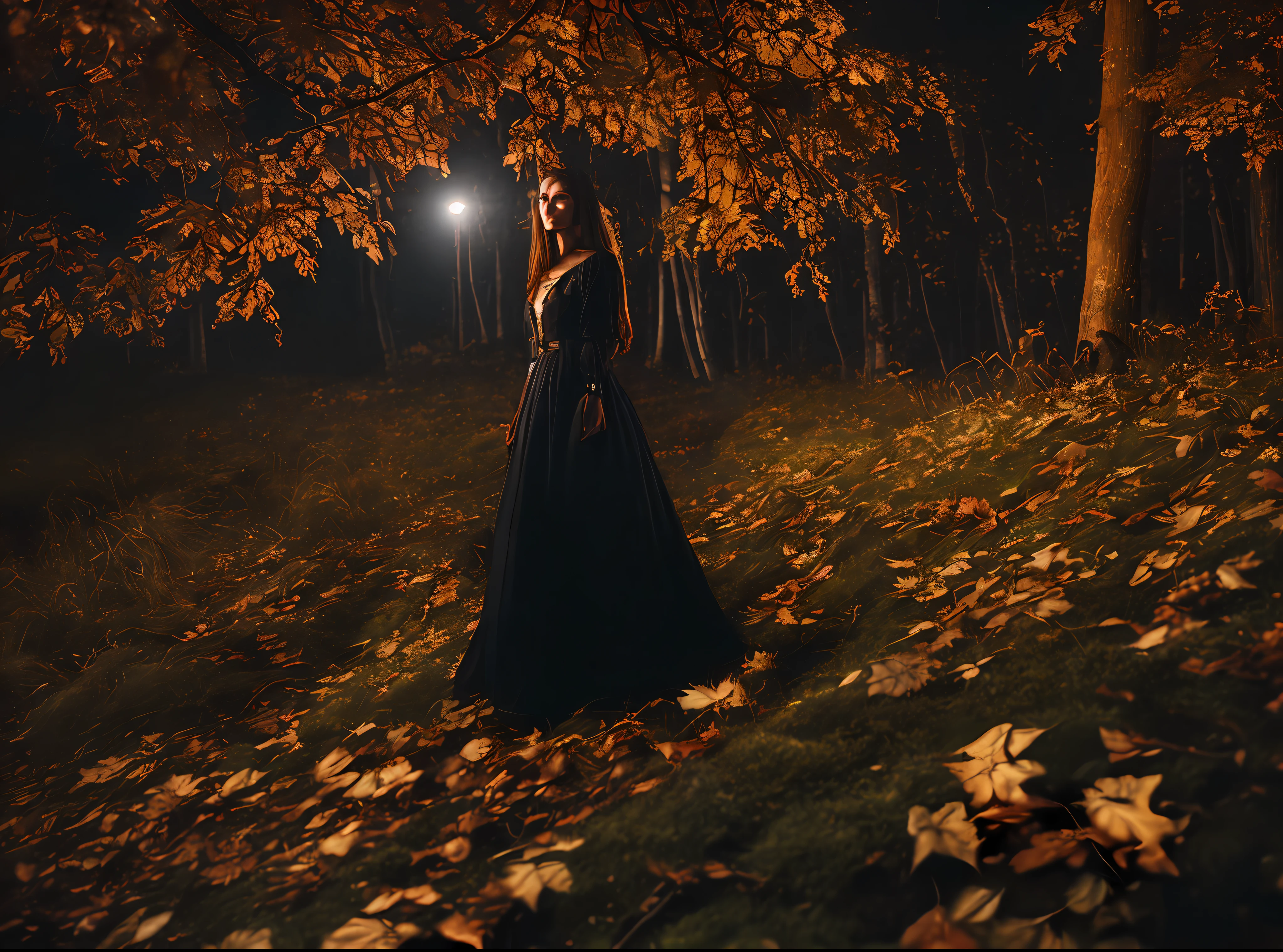 (Cinematic Photo:1.3) of (Realistic:1.3) portrait an village 25 years old european women, night, dark fairy beautiful bushy autumn forest, dark background, 16k, low angle, 24 mm lens, (((sharp focus:1.5))), (((depth of sharpness:1.5))), (photorealistic:1.5), (skin texture:1), cinematic, hyperdetailed,Highly Detailed