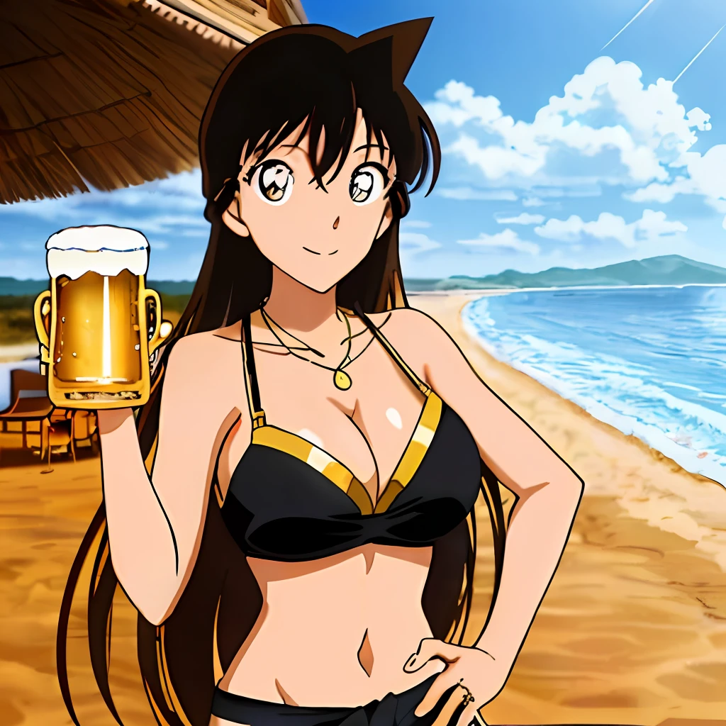 Ran Mohri, anime, gold and black enamel bikini, gold necklace, right hand gripping the handle of a beer mug and raising it up, left holding her hand on her waist, beach house in the background, smiling, opening her mouth lightly