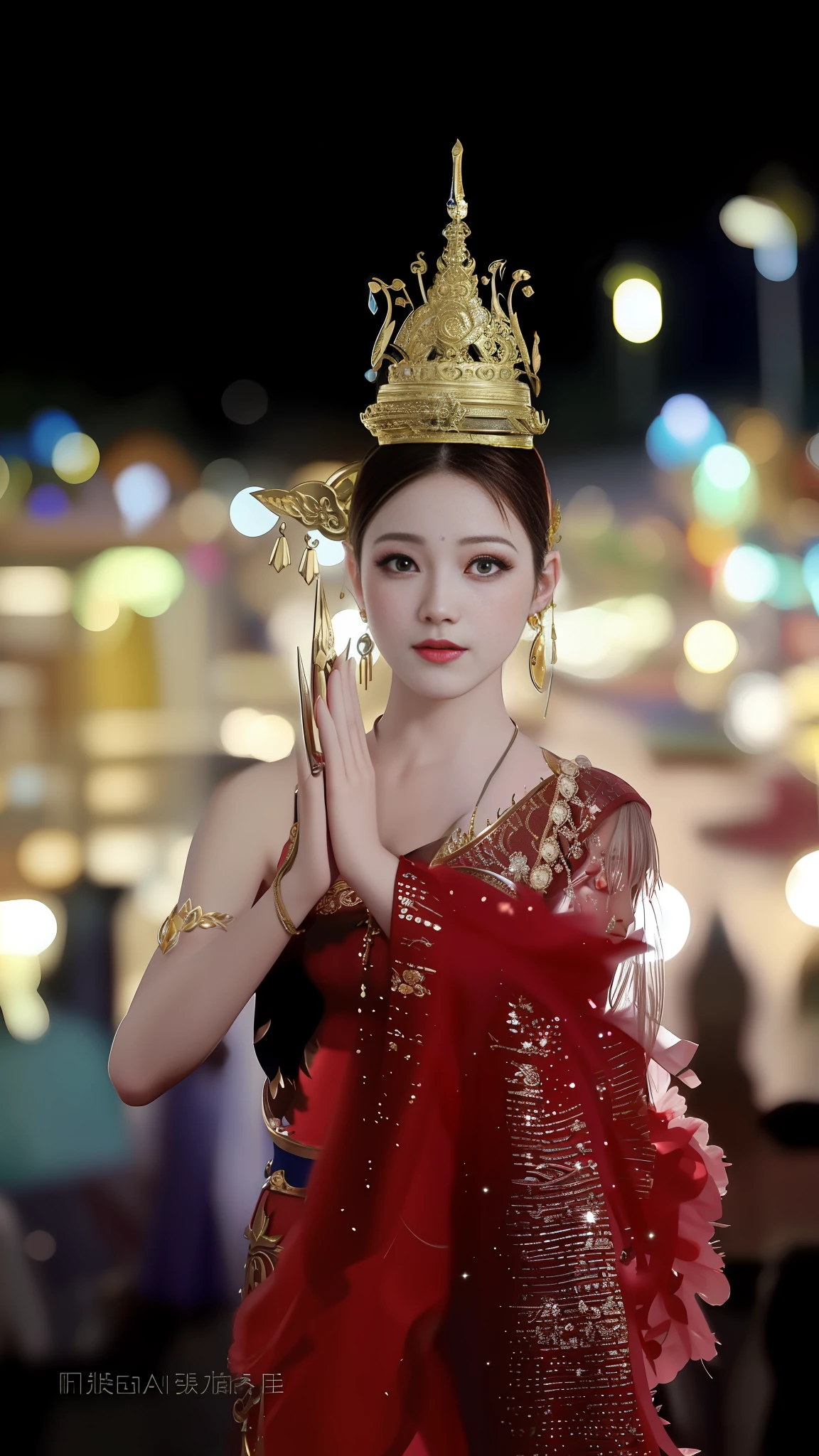 Background Park: 1.1, Arad woman standing in front of the crowd in red dress and crown, anime Thai girl, traditional beauty, Thai art, Sukhothai costume, Dila Badir Murat, beautiful fantasy queen, beautiful goddess, inspired by Lan Ying, beautiful oriental woman, Chinese princess, Chinese girl, inspired by kinnong, aesthetic !!!!!! Female elf, high image quality restoration, high quality, super high resolution, accessories super detail quality, perfect facial features, dynamic vivid expression performance, 4k, 8k, perfect details, delicate and moisturized skin,