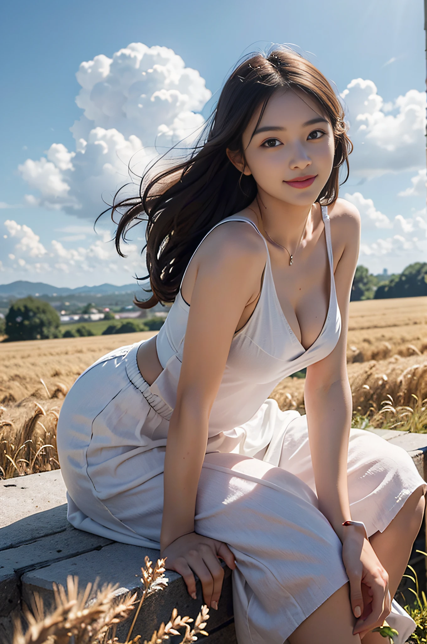 Best Quality, Ultra High Resolution, Masterpiece, Photo Realistic: 1.8), Pore, Precision, Wheat Field, 15th Century France, Sky High and Wide, Broad Sky, White Clouds Above Your Head, Face in the Center of the Screen, Light linen Clothes, Large Loose Open Chest, Small Breasts, Pale Light, Young Woman, Hair Tied Back, Dark Eyes, Smile, Smile, Leaning forward, Bending forward, bend at the waist, get glimpses of breast, detailed description, 23 years old, cute,