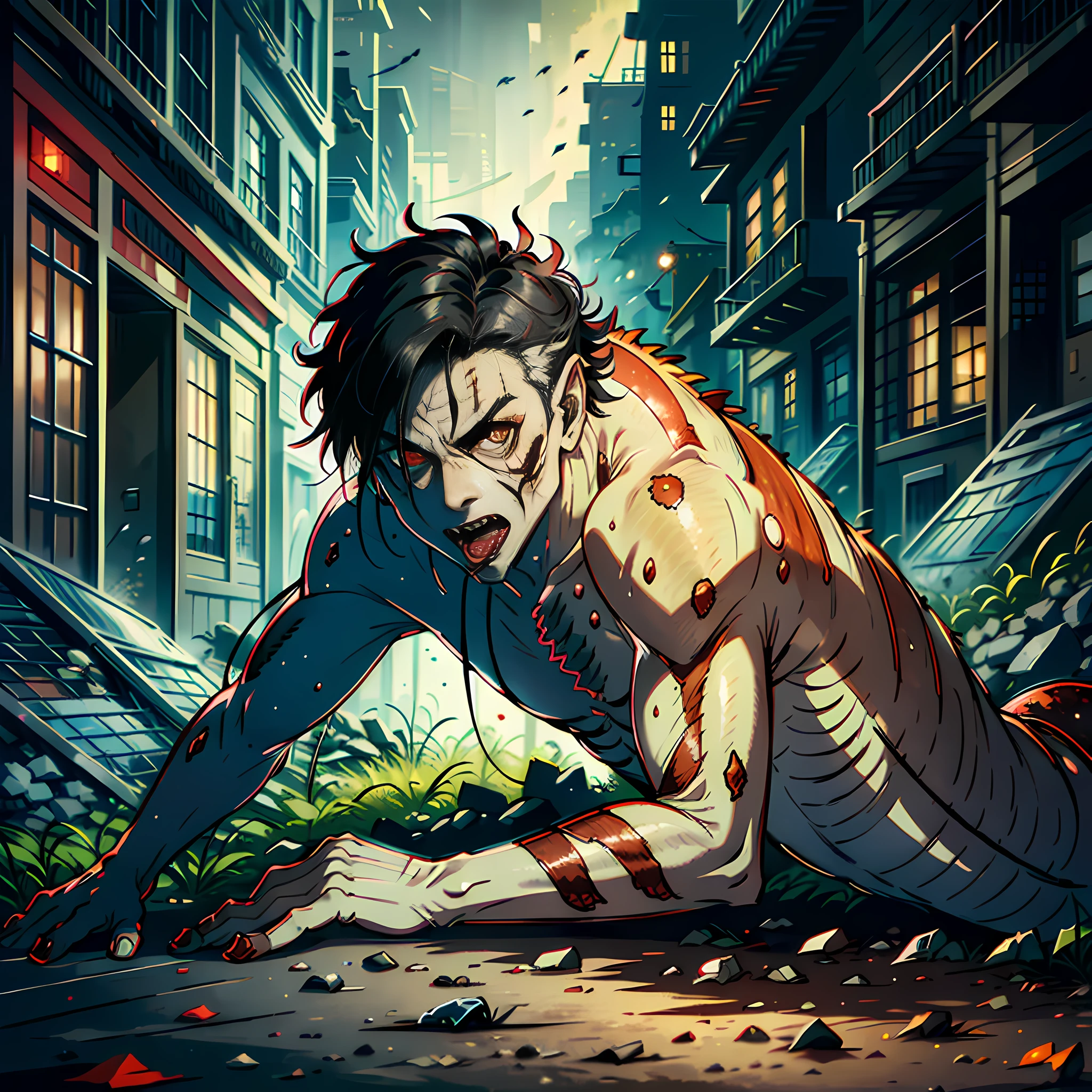 At night, on the street, in the red moon, there is a male zombie resembling a chameleon, animal skin, lying on the ground and creeping forward, with a long tongue, white eyes, black hair, no blood, rubble, firelight, ruins, super high detail, high real, 4K, chiaroscuro, super high detail