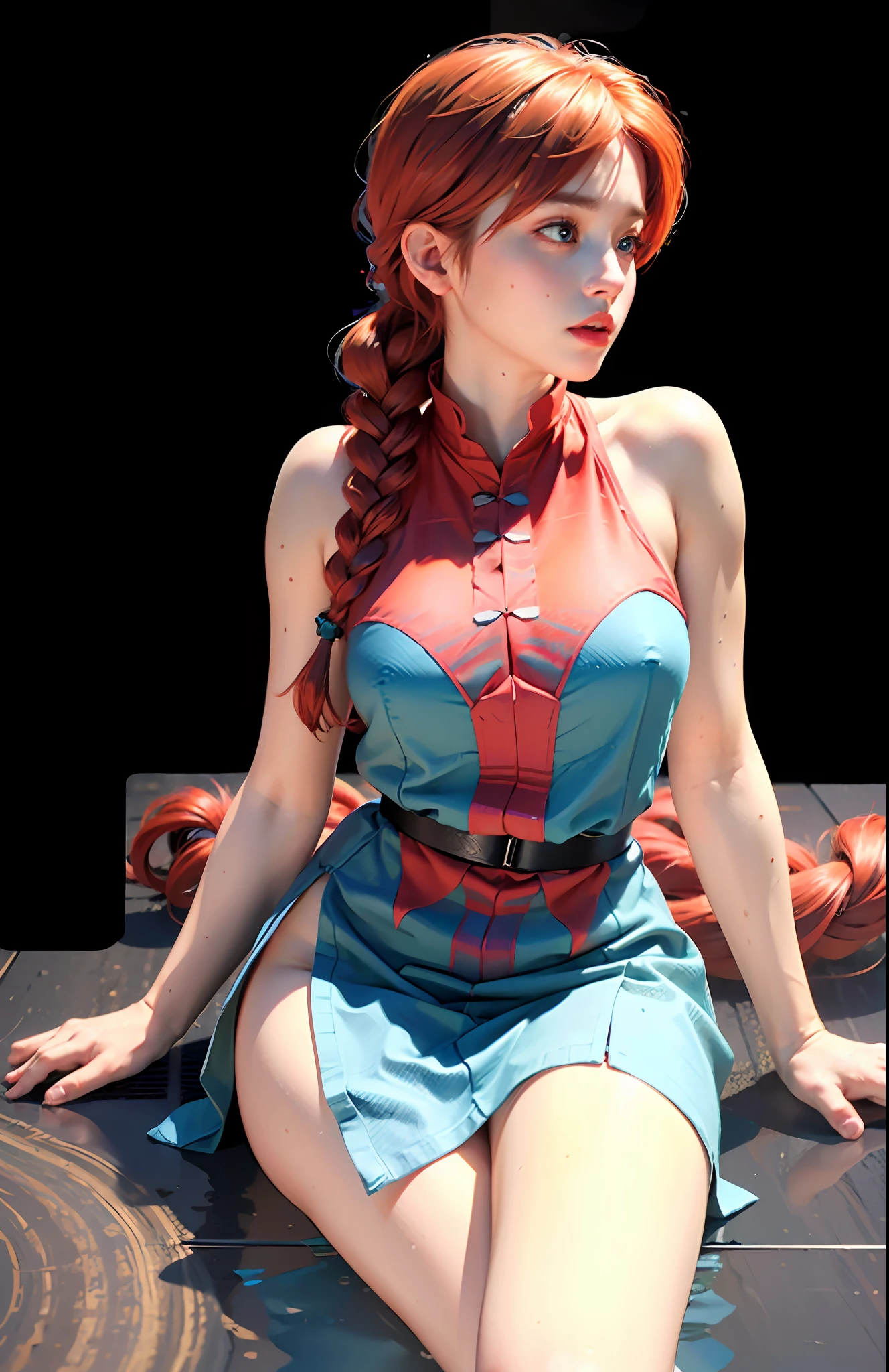 ultra detailed of a beautiful profile woman, ??????, 150 mm, beautiful studio soft light, vibrant details, lace, hyperrealistic, elegant, beautiful background, octane render, H. R., 8k, best quality, masterpiece, illustration, an extremely delicate and beautiful, extremely detailed, wallpaper, (realistic, photo-realistic:1.37),Amazing, finely detail, masterpiece,best quality,official art, extremely detailed CG unity 8k wallpaper, absurdres, incredibly absurdres,  full body, sitting, Ranma-chan, single ginger braid, red hair, braided ponytail