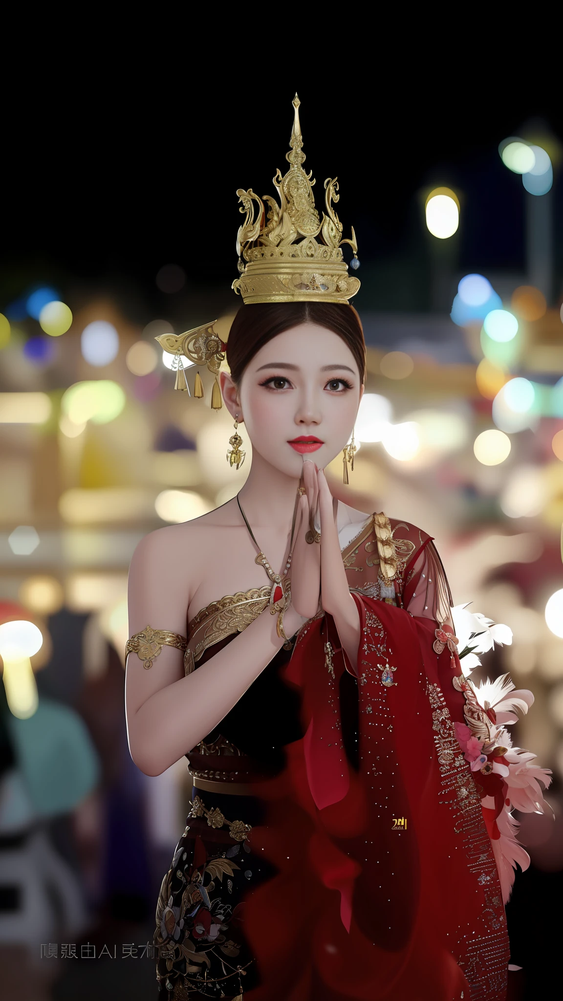Allad woman standing in front of the crowd in red dress and crown, anime Thai girl, traditional beauty, Thai art, Sukhothai costume, Dila badir Murat, beautiful fantasy queen, beautiful goddess, inspired by Lan Ying, beautiful oriental woman, Chinese princess, Chinese girl, inspired by kinnong, aesthetic !!!!!! Female Genie, High Image Quality Restoration, High Quality, Super High Resolution, Ultra Detail Quality of Accessories, Perfect Facial Features, Dynamic and Vivid Expression Expression, Finger Detail Depiction, Realistic Fingers, 4K, 8K