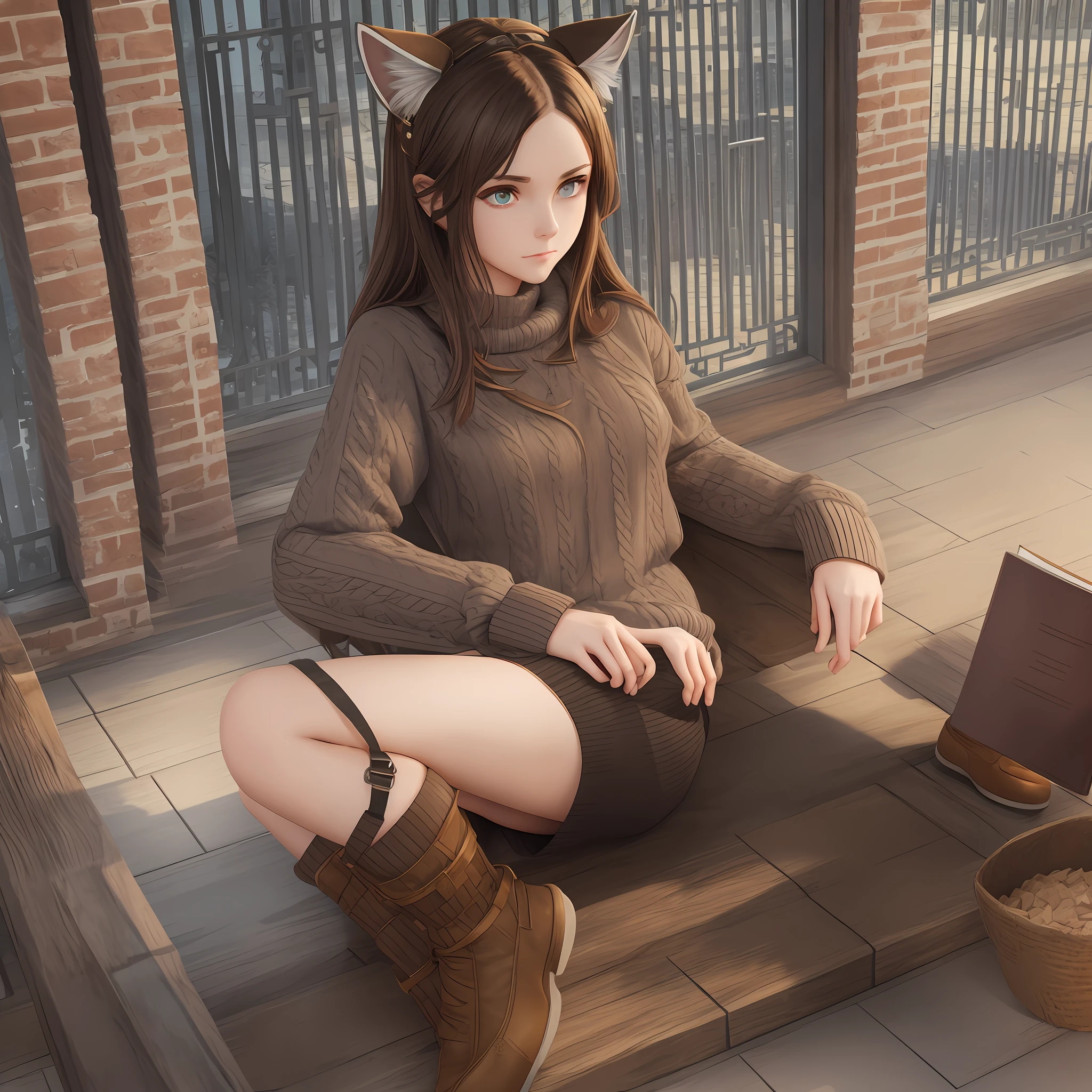 Girl of Slavic type, pretty, 168cm. Perfect figure, read a book, short brown hair, wear cat ear hair accessories, deep V-color sweater, full body, 3D art, oc renderer, C4D rendering --niji 5 --s 180 -- expressive style --auto --s2