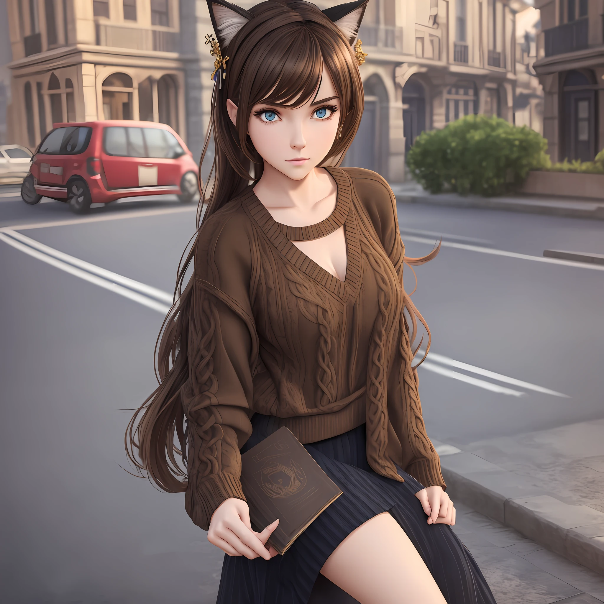 Girl of Slavic type, pretty, 168cm. Perfect figure, read a book, short brown hair, wear cat ear hair accessories, deep V-color sweater, full body, 3D art, oc renderer, C4D rendering --niji 5 --s 180 -- expressive style --auto --s2