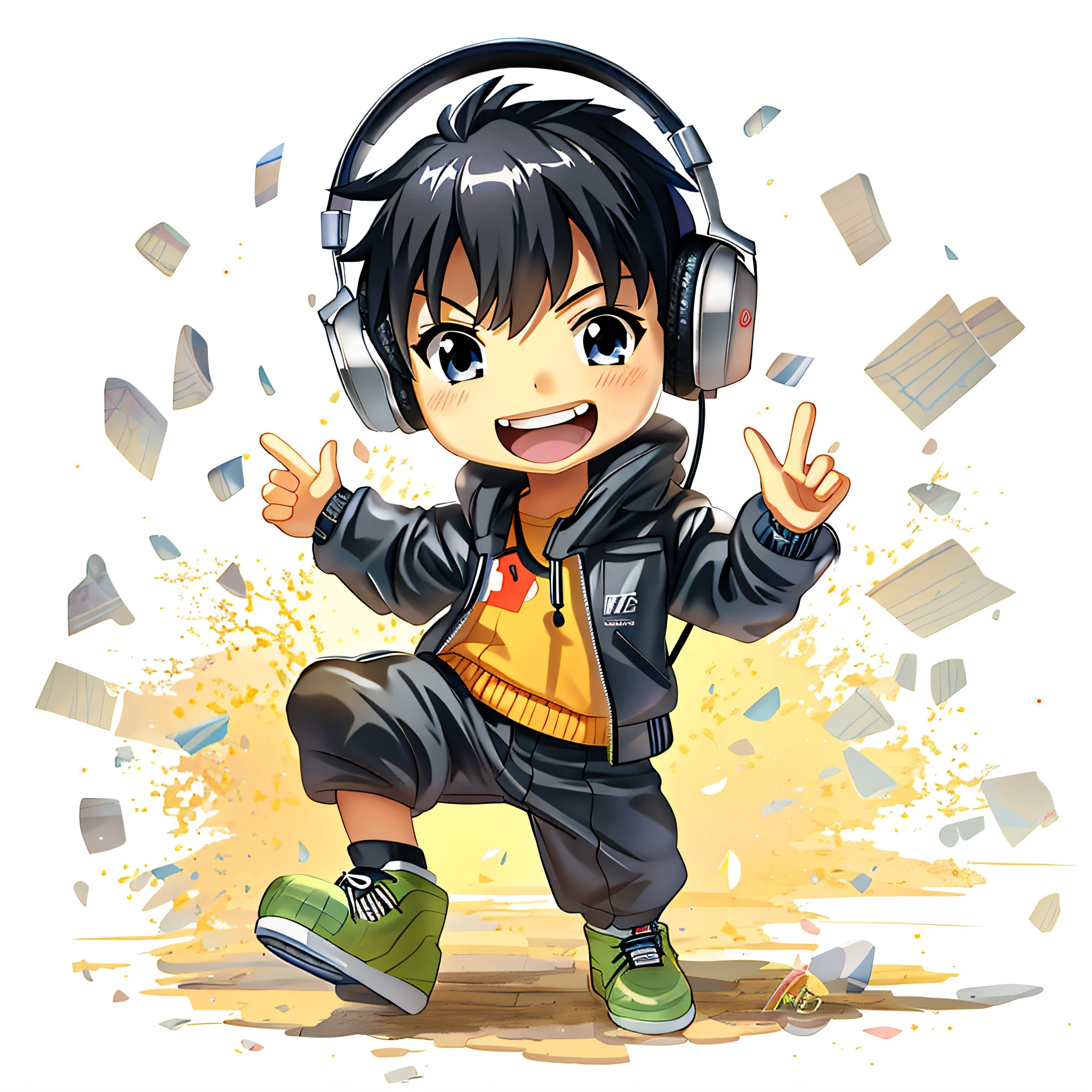 cartoon boy with headphones and a jacket dancing in the air, anime style”, anime boy, hq artwork, anime!!!!!!!!!!!!!!!, advanced digital chibi art, anime chibi, epic anime style, chibi style, official artwork, hiro, chibi anime, hd anime, official art, dj, anime!!!!, with headphones, high quality anime artstyle, high quality fanart, anime style