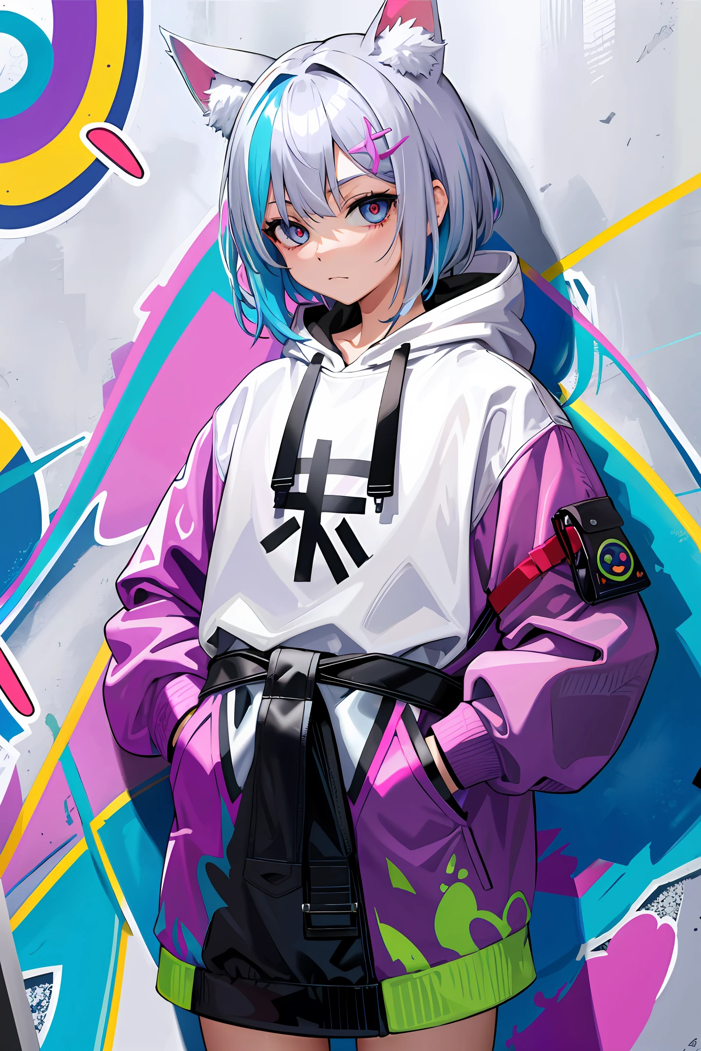 masterpiece, high quality, high resolution, absurdity, ultra detail, 8k, 1girl, platinum grey hair, blue hair, multicolored hair, gradient hair, looking viewer, colorful eyes, colorful hoodie, (graffiti mural wall background: 1.15), vivid colorful painting, portrait, crosshair ornament, closed mouth, waist bag, against wall, bangs, shadow, reflection, cat's ears,