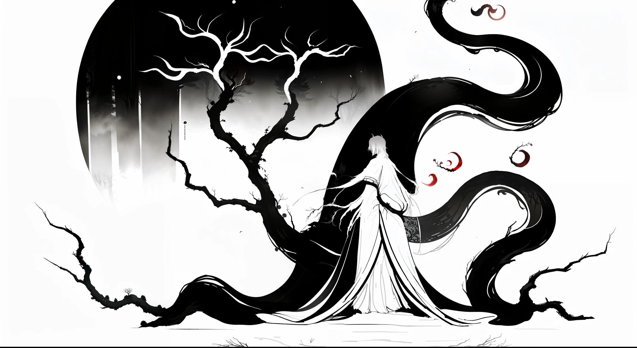 A flexible and curved vineman, black mist, ink splash style, ink painting style, red moon, forest environment under moonlight, calm night. fantasy magical vegetation, moonlight forest, moonlight forest image, dark forest concept art, dark fantasy forest, background artwork, beautiful artwork illustration, dark atmosphere illustration, dystopian gray forest background, dark nature background, picture only black, white and red three colors