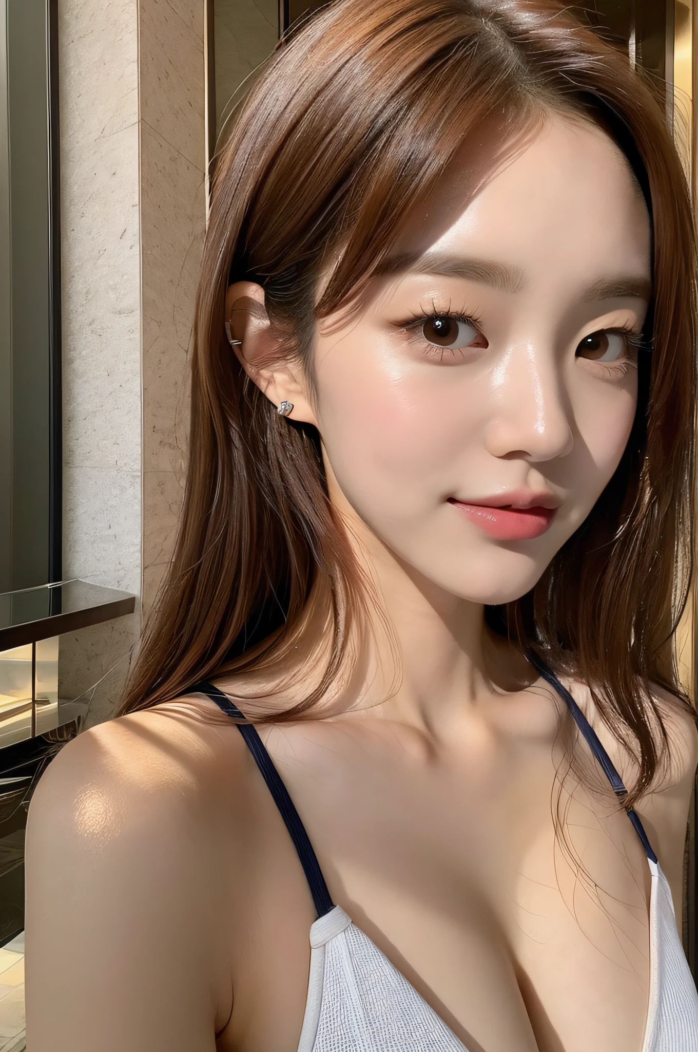 sonyoonjoo, 1girl, solo, realistic,:1.6, (masterpiece, pretty people,), detailed skin texture, beautifully detailed face, masterpiece, collarbone, swimsuit. Luxury hotel background