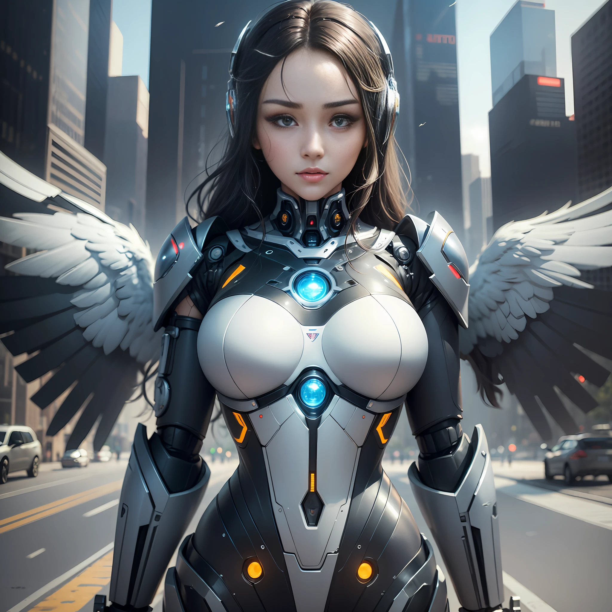 A robot with perfect female face, super realistic humanoid, robot with human-like face and mechanical detailed body, 8K image, robot with bird posing in its hand, peaceful environment, futuristic city background, super realistic robot with human-like physiognomy, peaceful robot, ((Masterpiece, best quality,)), dumb, (wet:1.2), girl, medium breasts, (see-through:1.3) --auto --s2