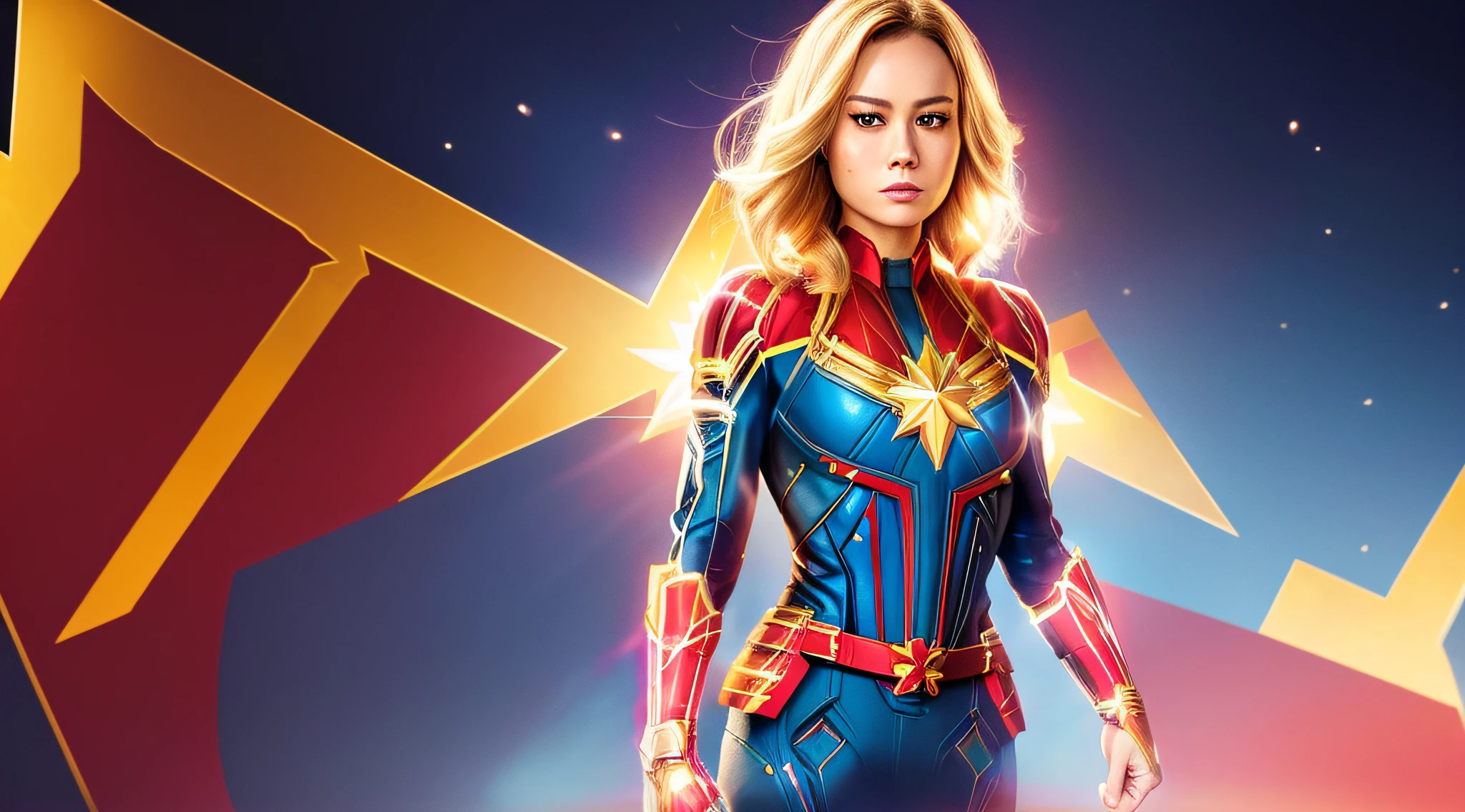 (full body portrait:1.1) of brie larson, with (medium hair:1.1),(captain marvel outfit:1.2), looking (sexy:1.1) showing off some (cleavage:1.3).