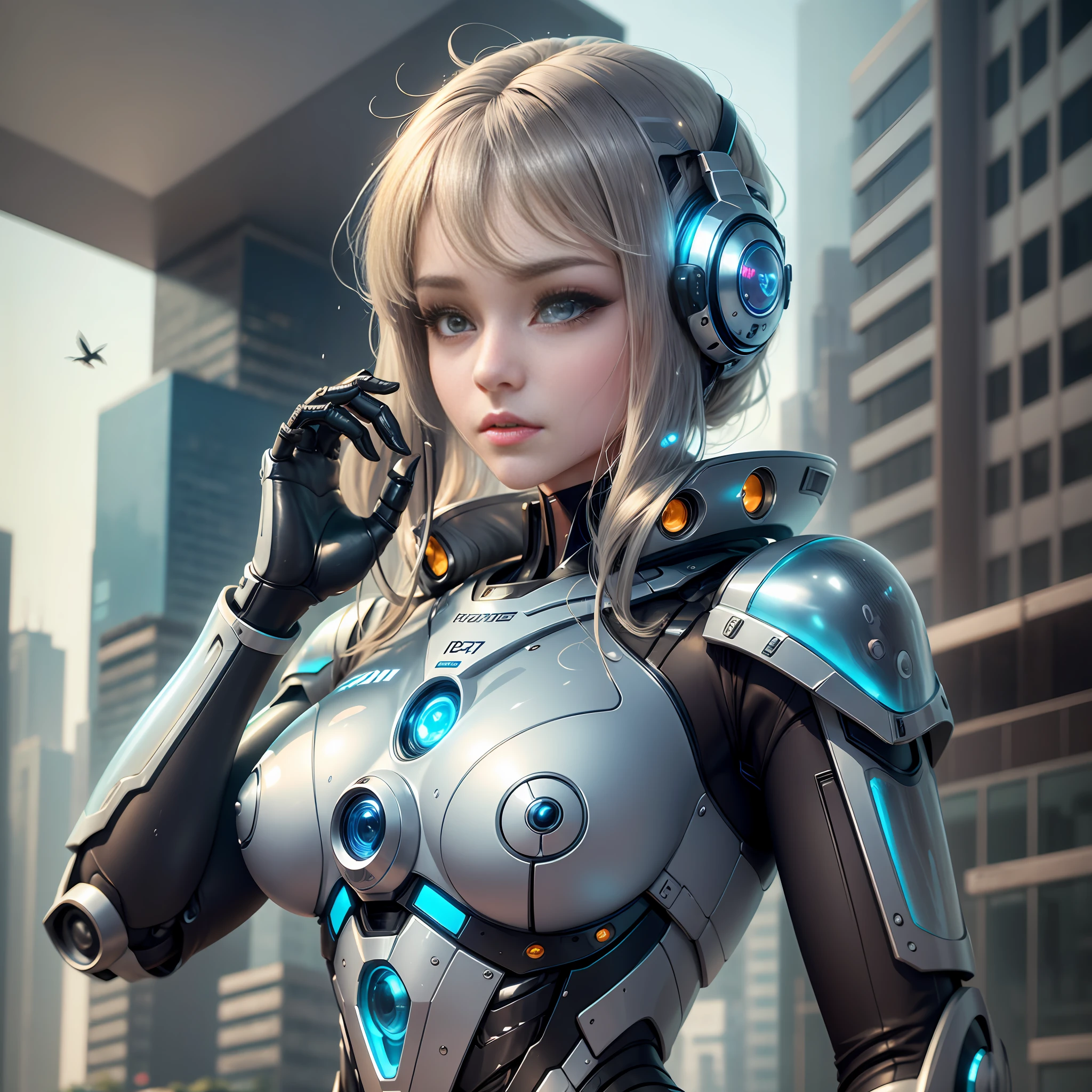 A robot with perfect female face, super realistic humanoid, robot with human-like face and mechanical detailed body, 8K image, robot with bird posing in its hand, peaceful environment, futuristic city background, super realistic robot with human-like physiognomy, peaceful robot, ((Masterpiece, best quality,)), dumb, (wet:1.2), girl, medium breasts, (see-through:1.3) --auto --s2