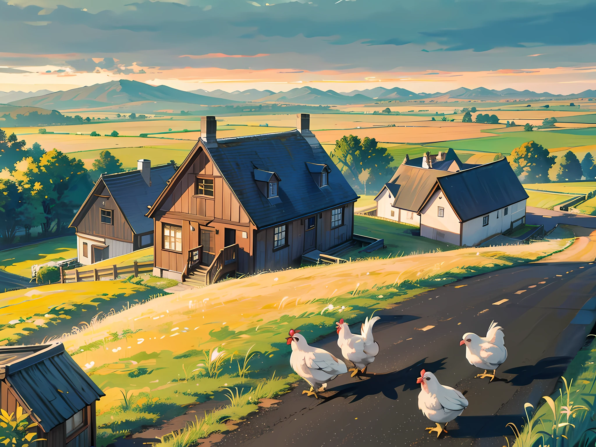 Rural scene, chickens, country lanes, many wooden houses around, daytime, the wind is beautiful