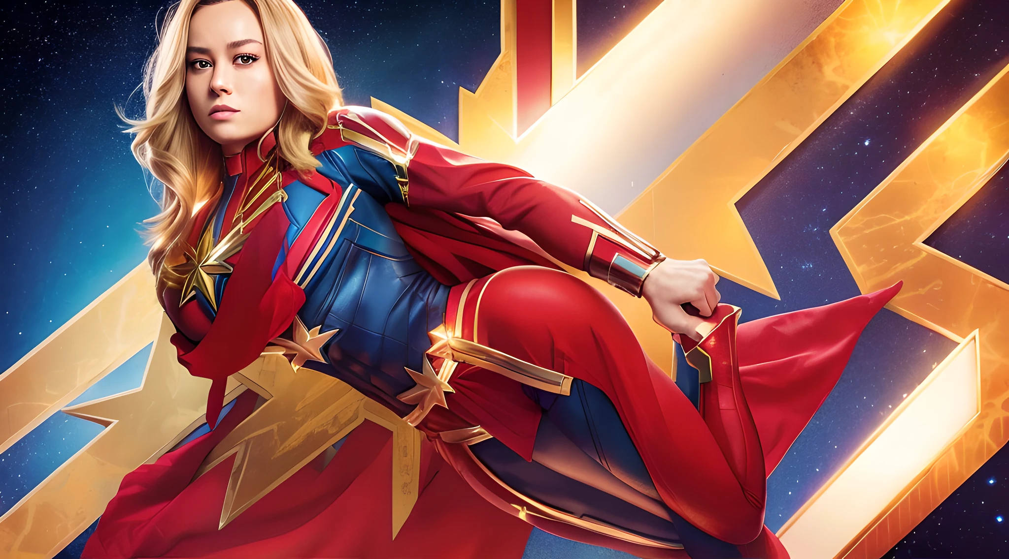 (full body portrait:1.1) of brie larson, with (medium hair:1.1),(captain marvel outfit:1.2), looking (sexy:1.1) showing off some (cleavage:1.3).