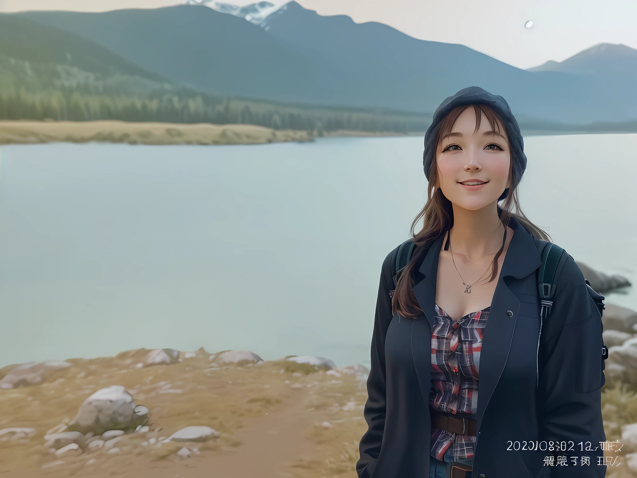1 woman ((upper body selfie, happy)), masterpiece, best quality, ultra-detailed, solo, outdoor, (night), mountains, nature, (stars, moon) cheerful, happy, backpack, sleeping bag, camping stove, water bottle, country boot, country hat, red plaid shirt long sleeve open, lantern, forest, rocks, river, wood, smoke, shadows, contrast, clear sky, style, (warm hue,  warm tone: 1.2), close-up, cinematic light, side lighting, ultra high resolution, best shadow, RAW, upper body, wearing lingerie, seductive look, huge breasts, 4k, open neckline, sexy