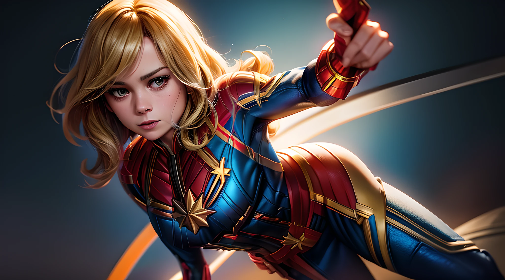 (1.2: Gorgeous brie larson),(medium hair,captain marvel outfit,sexy,flaunting cleavage),full body portrait,vibrant colors,dynamic pose,vivid bright lighting.