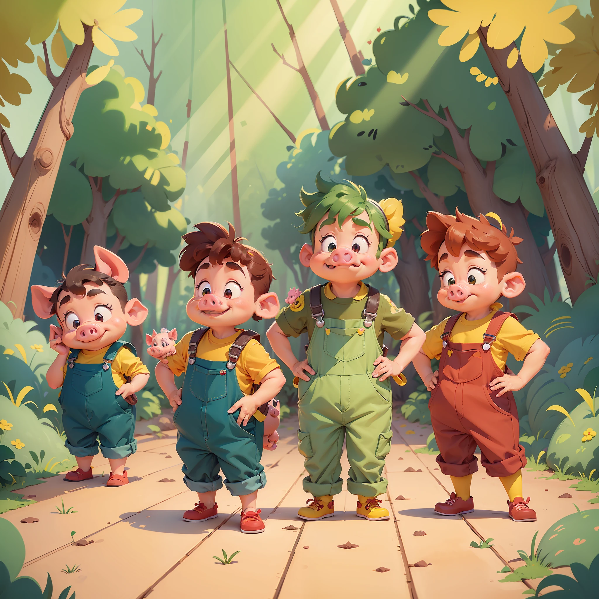 Disney Pixar style, (3 anthropomorphic little male pigs in red, yellow and green overalls, pig nose), background with forest, delicate facial expressions, best quality, colorful, 8K, intricate details, perfect face, extremely detailed illustration, clear focus, ultra-low viewing angle, masterpiece, detailed face